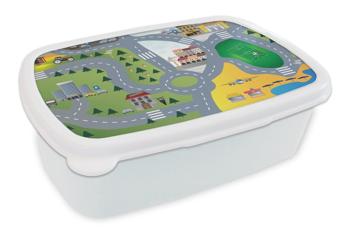 MuchoWow Lunchbox Kinder - Dorf - Auto - Straßen, Kunststoff, (2-tlg), Brotbox für Kinder und Erwachsene, Brotdose, für Jungs und Mädchen weiß