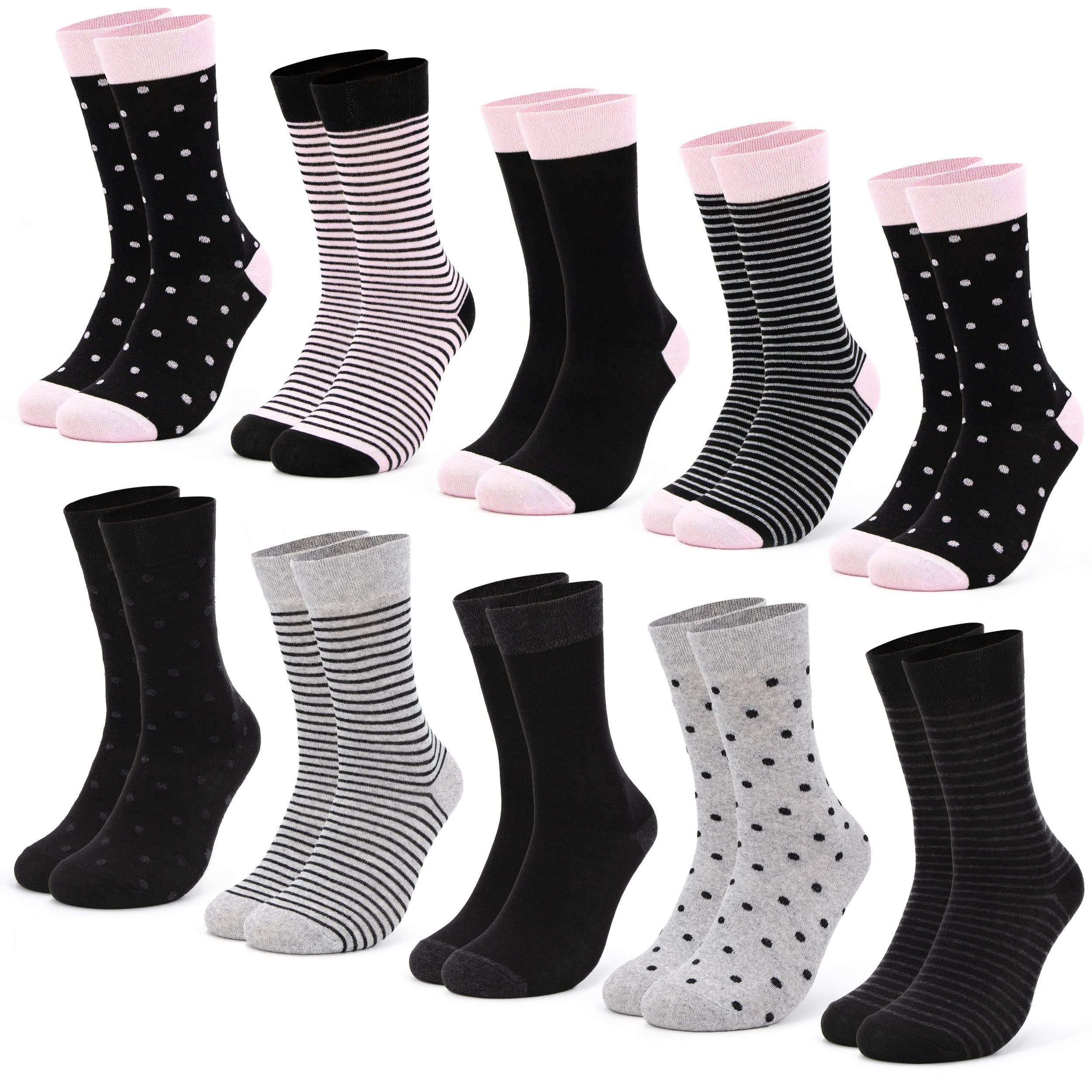 OCCULTO Basicsocken Damen Muster Socken 10 Paar (Modell: Milka) (10-Paar) 10BlkPnk | Lange Socken
