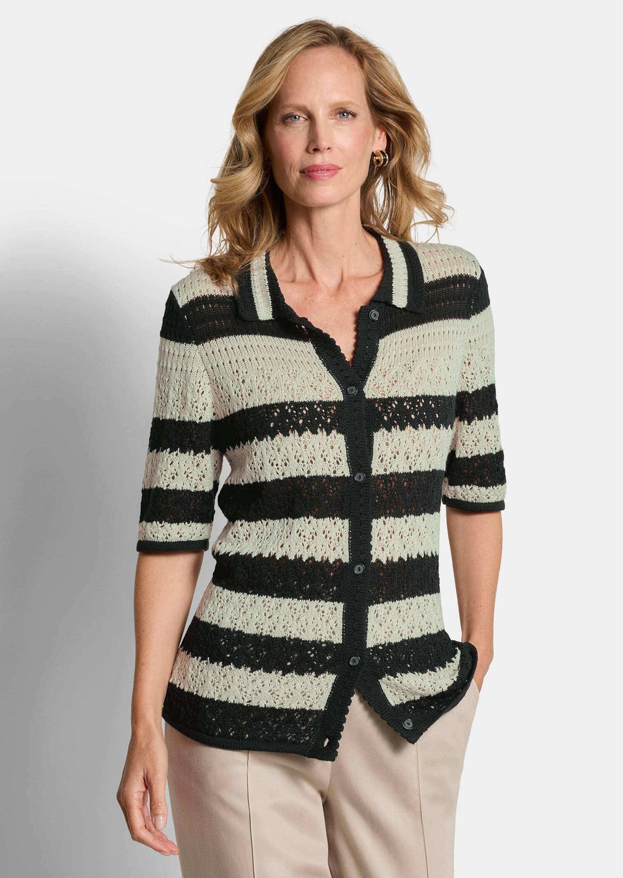 GOLDNER Strickjacke Ajourjacke in maritimen Look Baumwolljacke mit Polokragen, Knopfleiste und Halbarm