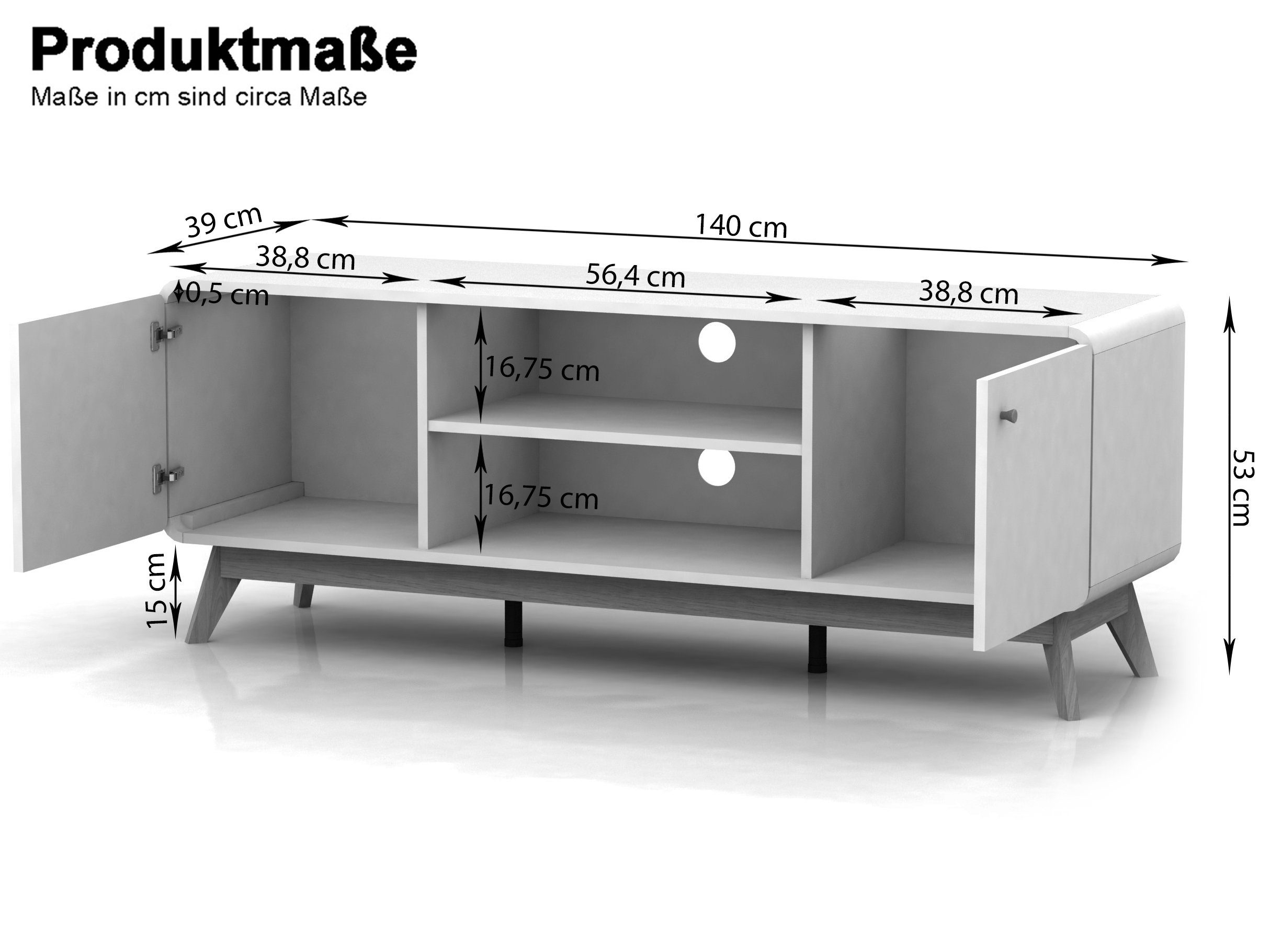 140 TV-Schrank Türen Caitlin, Breite walnuss/weiß Lowboard loft24 cm, 2 Fernsehschrank,