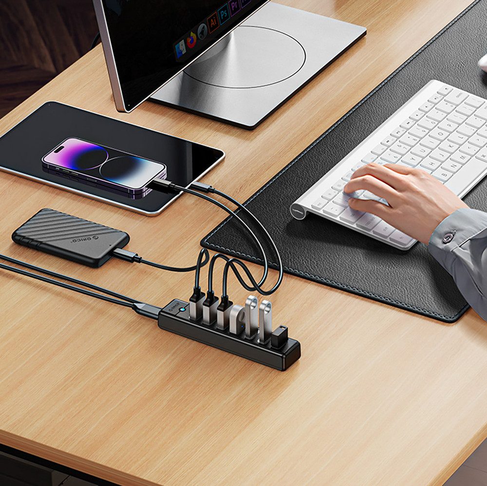 ORICO USB-Hub Verteiler Anschlusserweiterung HUB (7x USB 3.0, USB-C-Stromport, 1m-Kabel)