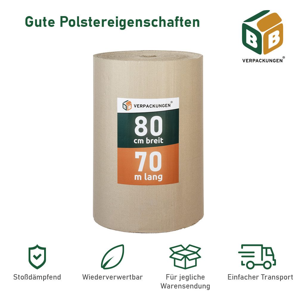 Thumbnail - BB-Verpackungen Papierkarton Rollenwellpappe 65 m², Braun, 0,8 m x 70 m, 75 g/m²