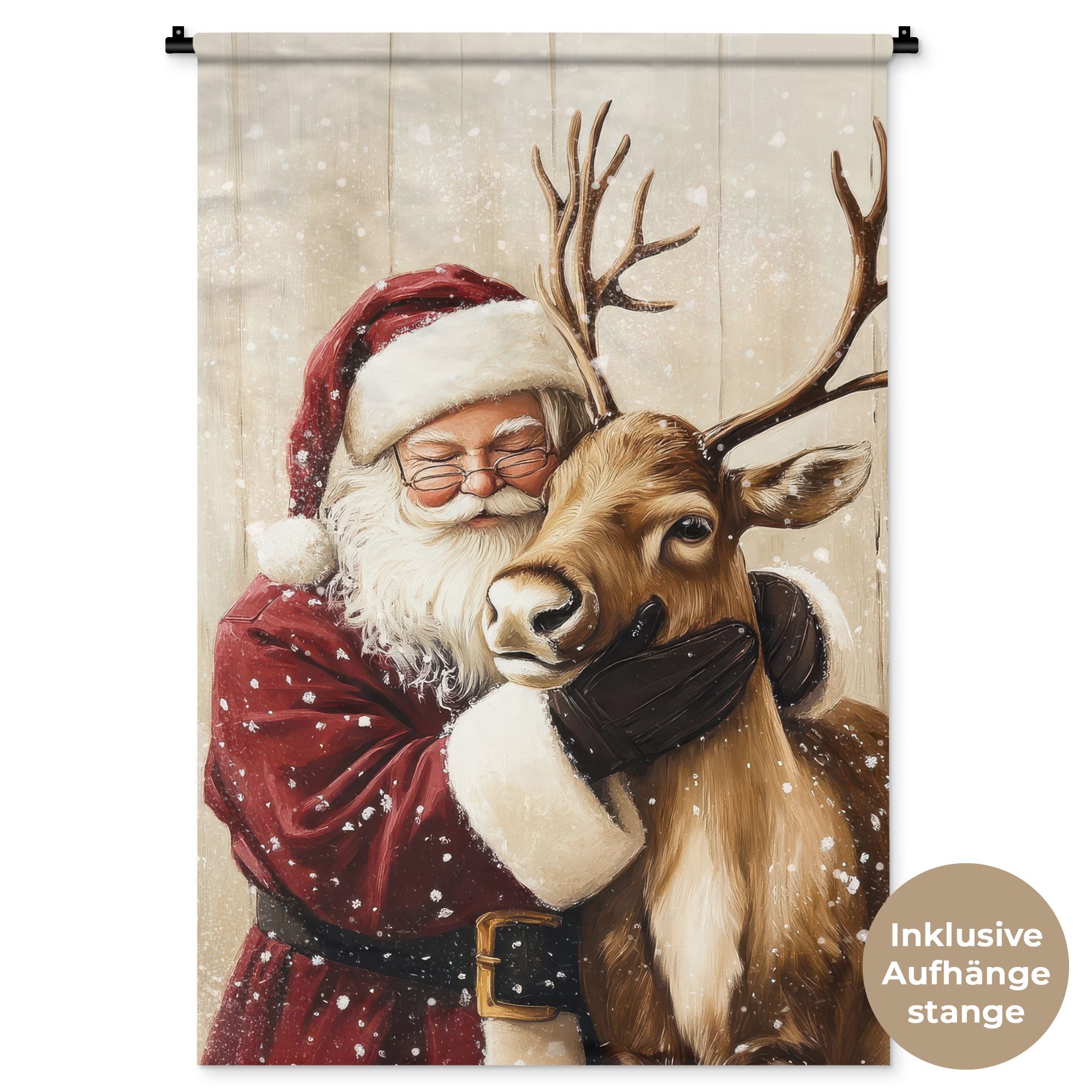 MuchoWow Wandteppich Weihnachtsmann - Rentier - Schnee - Bunt, Rechteckig, Höhe: 3 mm, Wandtuch Wohnzimmer, Schlafzimmer, 90x135 cm