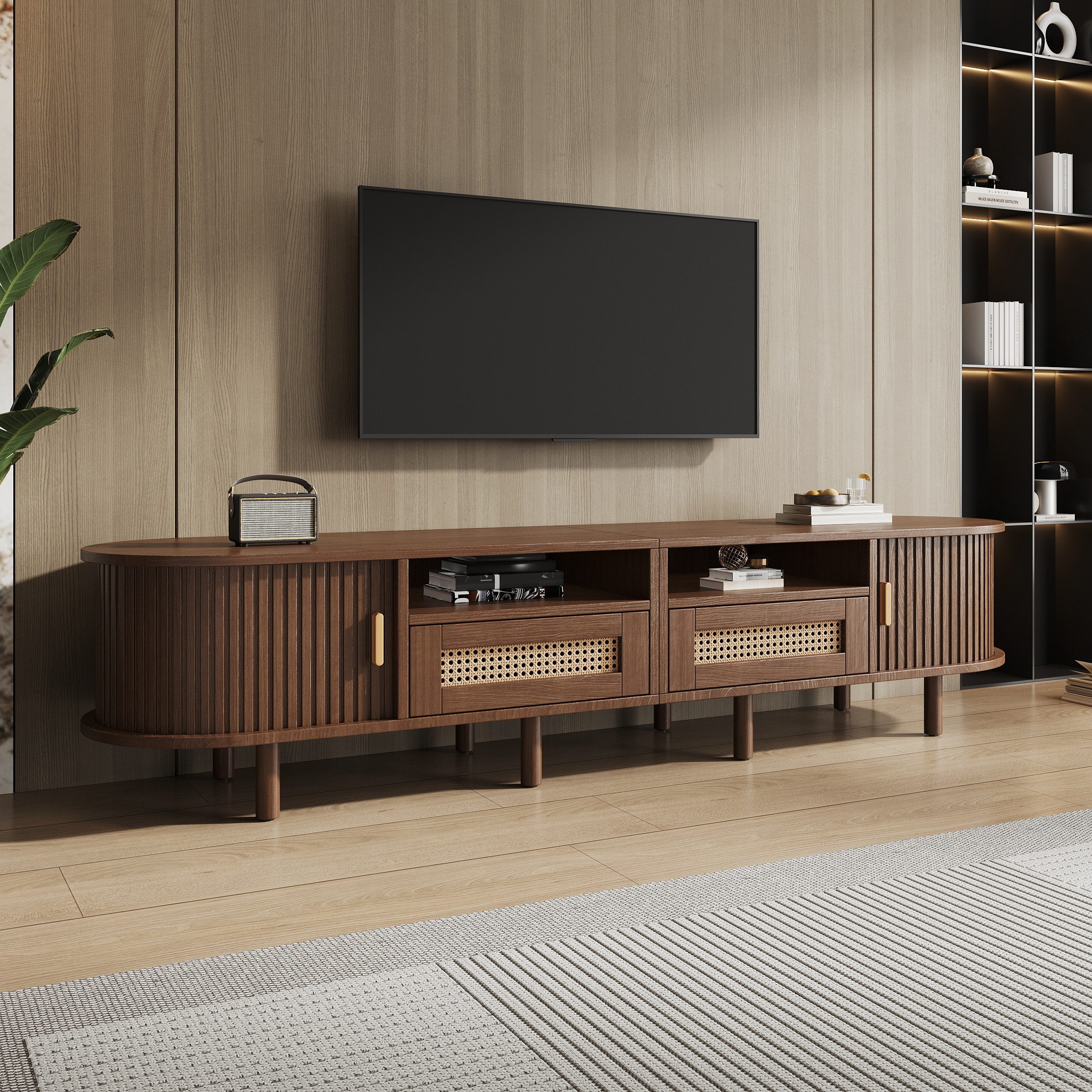 Merax Lowboard Retro-Modernes TV-Board in Walnuss/Natur (1 St., Fernsehtisch Ovales Lowboard), TV-Schrank mit 2 Rattan-Schubladen, 2 Schiebetüren & 8 stabilen Beinen