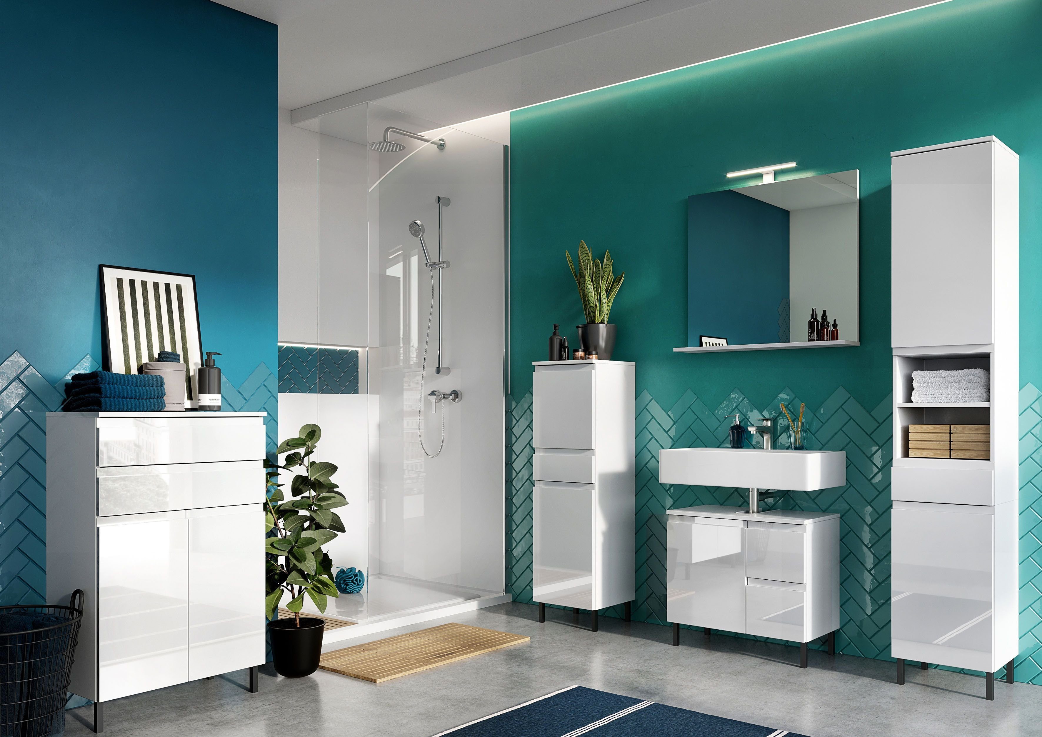 GERMANIA Waschbeckenunterschrank Scantic Breite verstellbarer Weiß | Weiß 60 Badezimmerschrank, cm, Einlegeboden