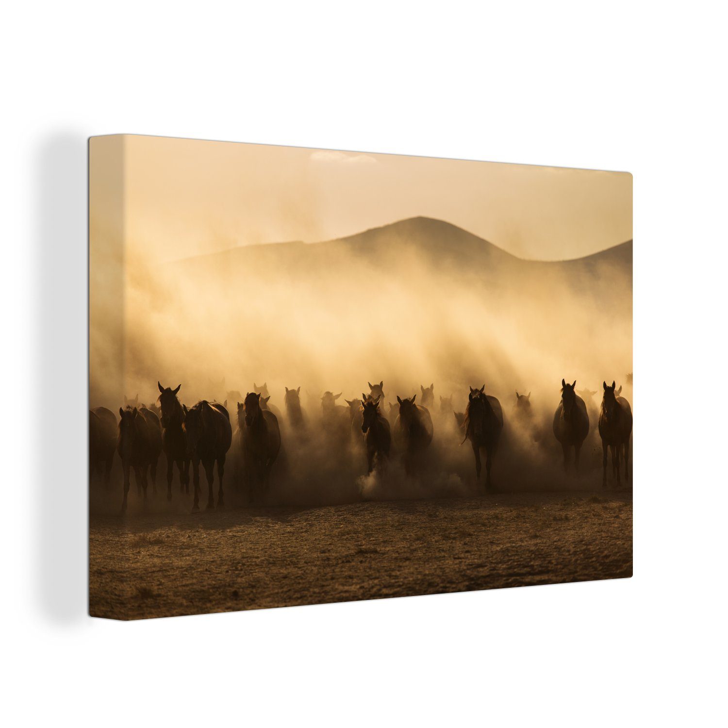OneMillionCanvasses® Leinwandbild Eine Gruppe von Pferden macht eine Staubwolke, (1 St), Wandbild Leinwandbilder, Aufhängefertig, Wanddeko, 30x20 cm