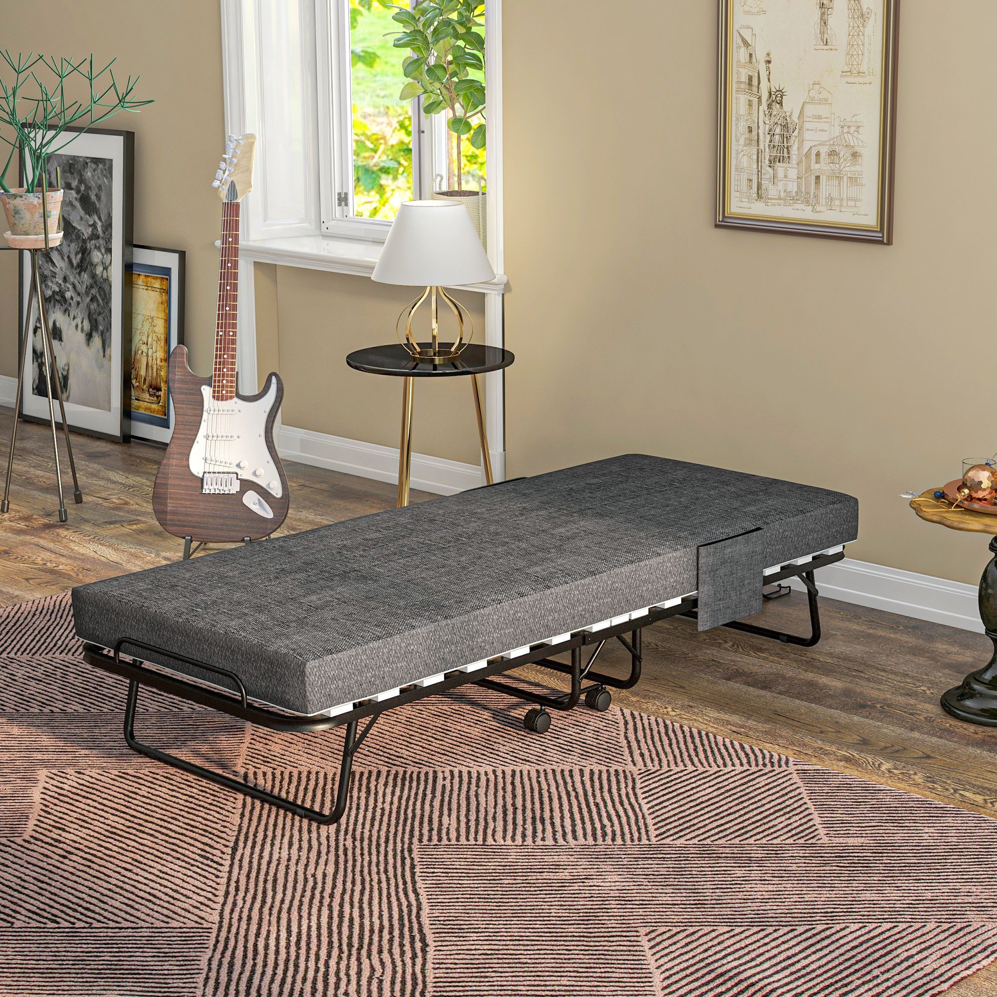 HOMCOM Gästebett Reisebett mit Rollen, mit Seitentasche, 190x80x42cm (Gästebett, 1-St., Klappbett) mit 10cm Matratze, Dunkelgrau