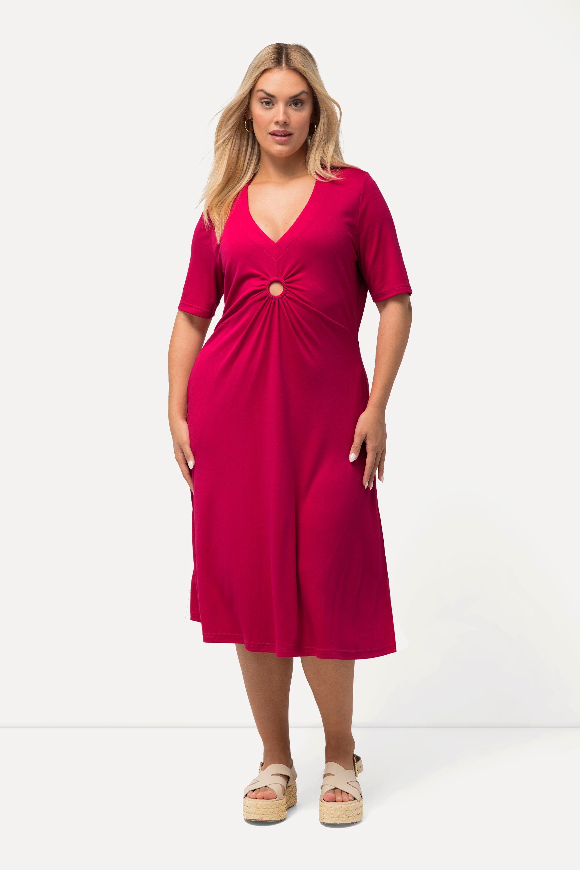 Ulla Popken Midikleid Jersey-Midikleid A-Linie V-Ausschnitt Halbarm
