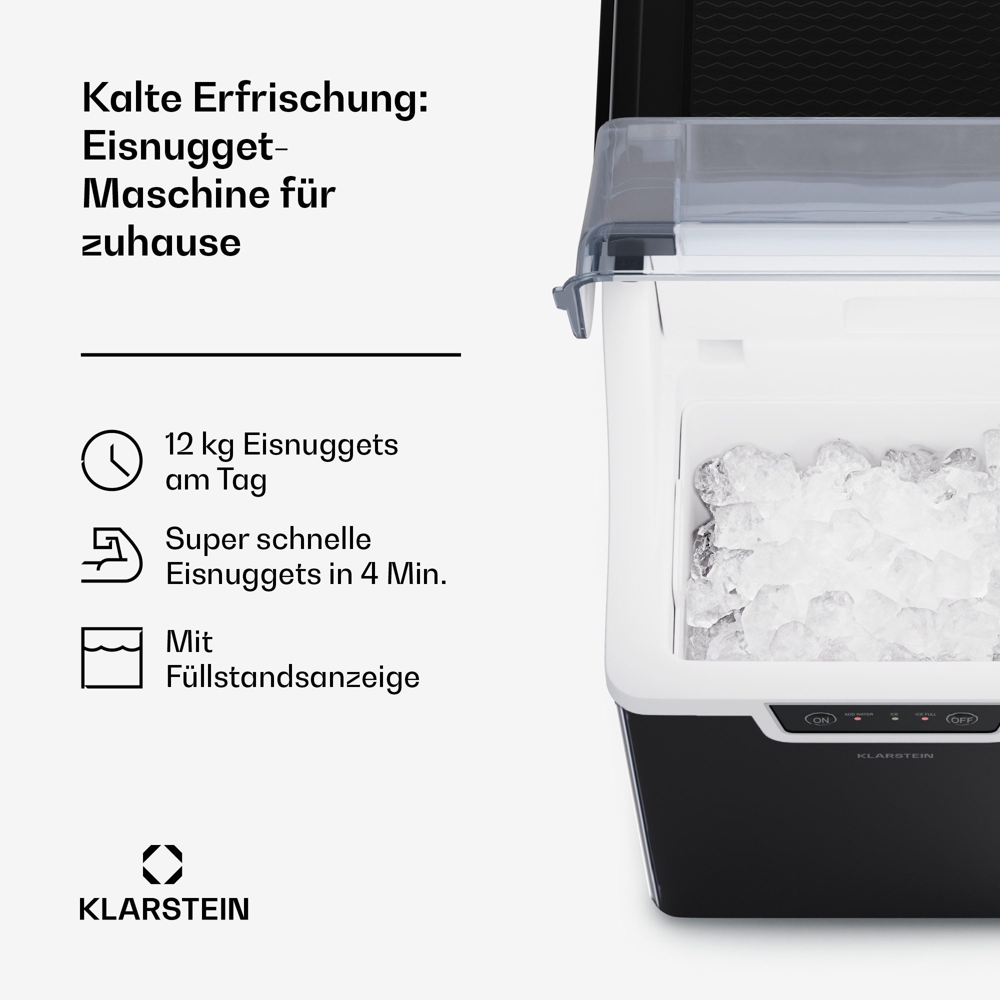 Klarstein Eiswürfelmaschine Wallberg nugget ice maker 12 kg black Eiswürfelbereiter, Edelstahl für Zuhause 12kg/Tag Display 1,7 L Eiswürfelbereiter