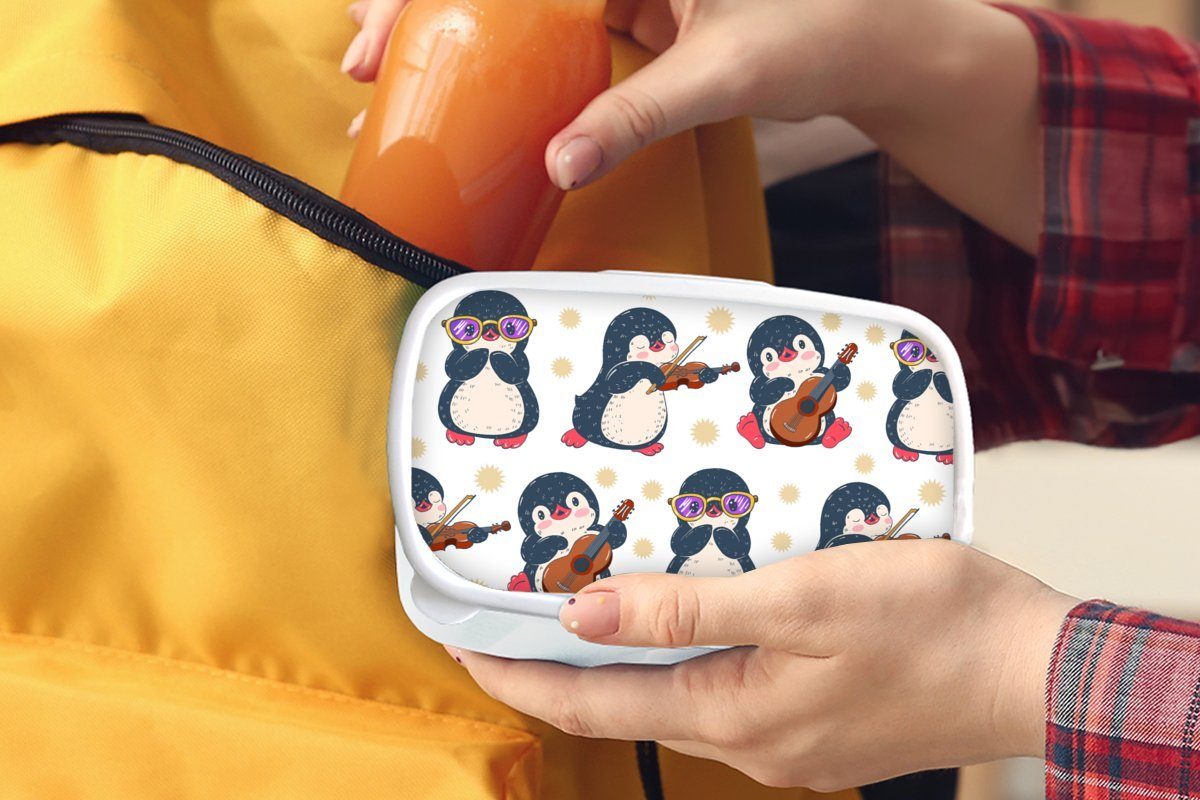 Lunchbox - weiß - - und für und Mädchen MuchoWow Kinder Kunststoff, Brotbox Erwachsene, Musik Jungs Kinder Brotdose, für Gitarre - Pinguin (2-tlg), Muster,