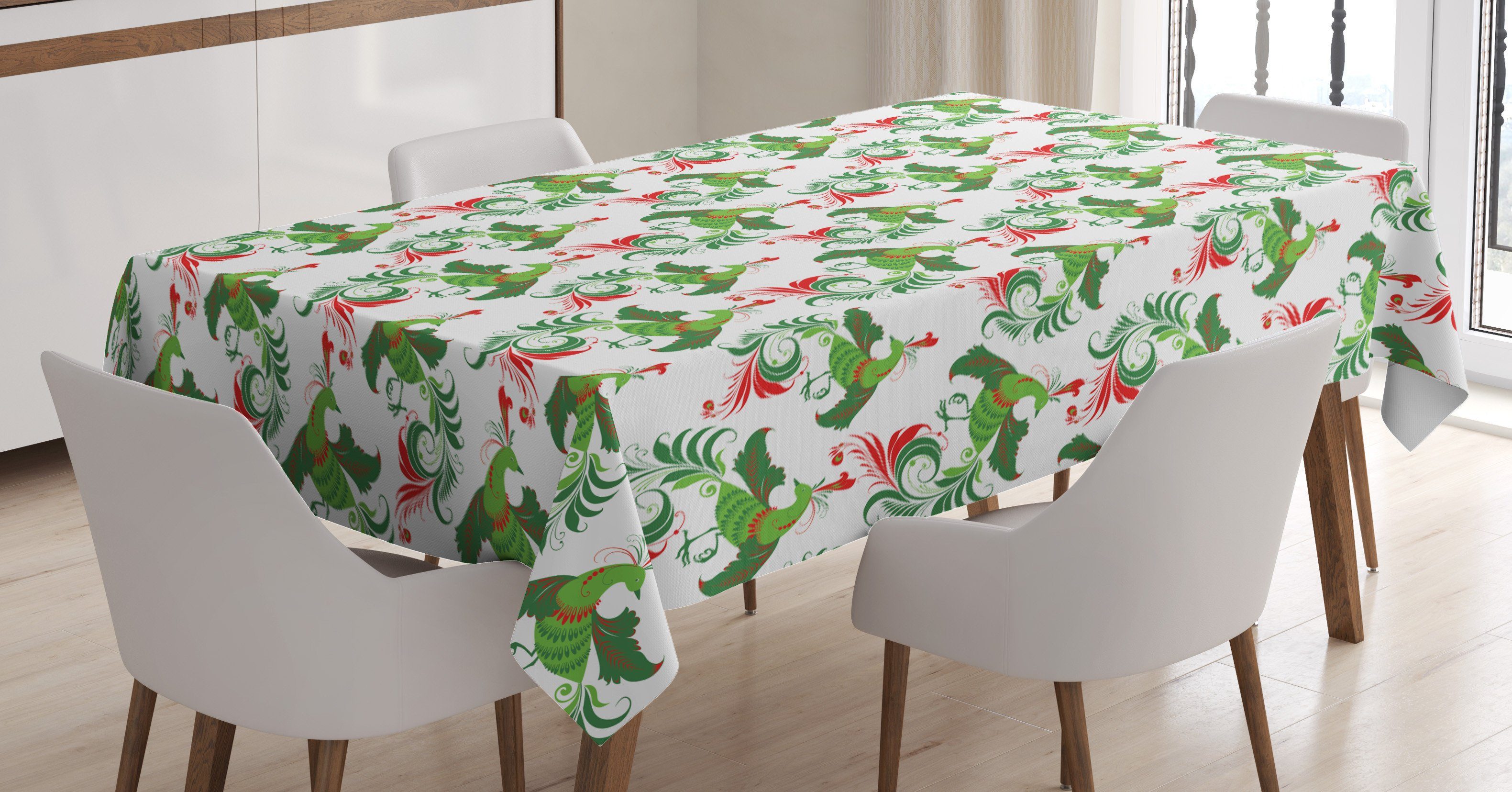 Abakuhaus Tischdecke Farbfest Waschbar Für den Außen Bereich geeignet Klare Farben, Grünes Weihnachten Folk Vögel Illustration
