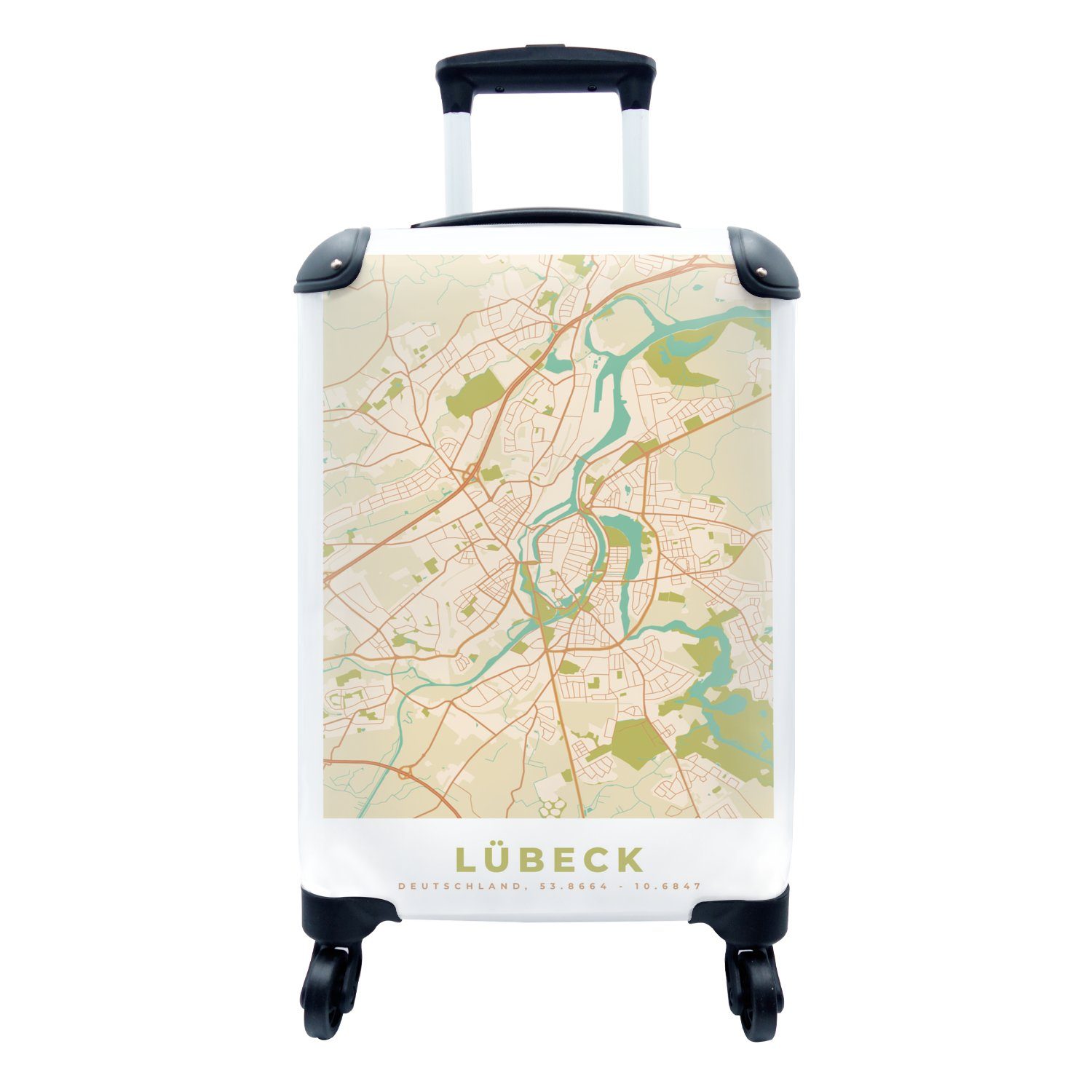 MuchoWow Handgepäckkoffer Lübeck - Karte - Vintage - Stadtplan, 4 Rollen, Reisetasche mit rollen, Handgepäck für Ferien, Trolley, Reisekoffer