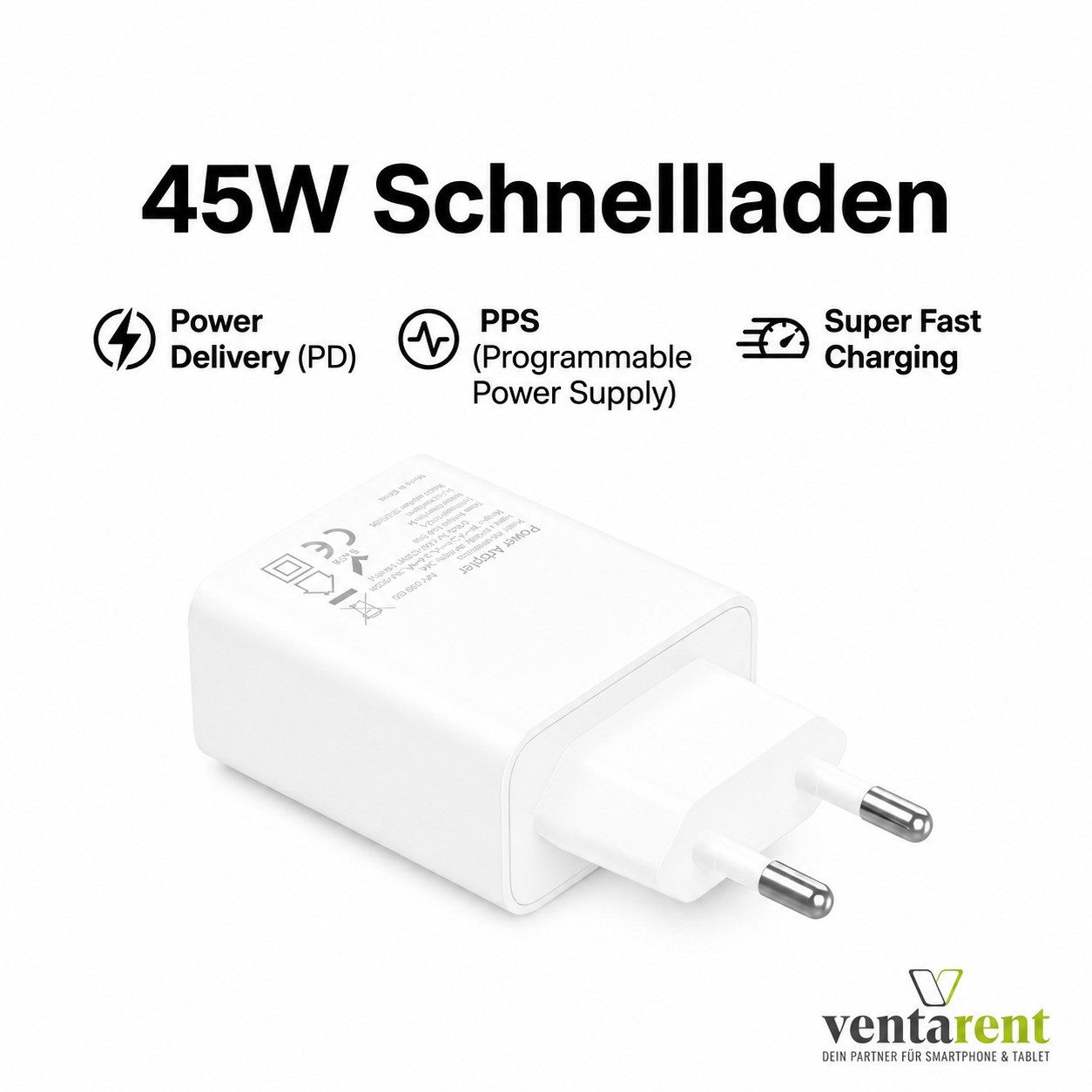 Ventarent 45W USB-C Ladeset mit Ladekabel für MacBook Air, iPad Pro & Air USB-Ladegerät (3000 mA, Set, 2-tlg., 45W USB-C Netzadapter, USB-C Ladekabel, 45W Schne – Bild 3 von 5