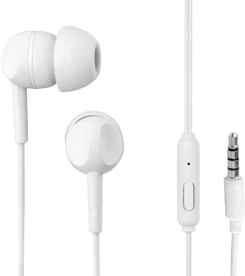 Thomson In Ear Kopfhörer mit Kabel und Geräuschunterdrückung, Mikrofon,  Weiß In-Ear-Kopfhörer (Geräuschisolierung, Headset, Telefonfunktion,  Rufannahmetaste)