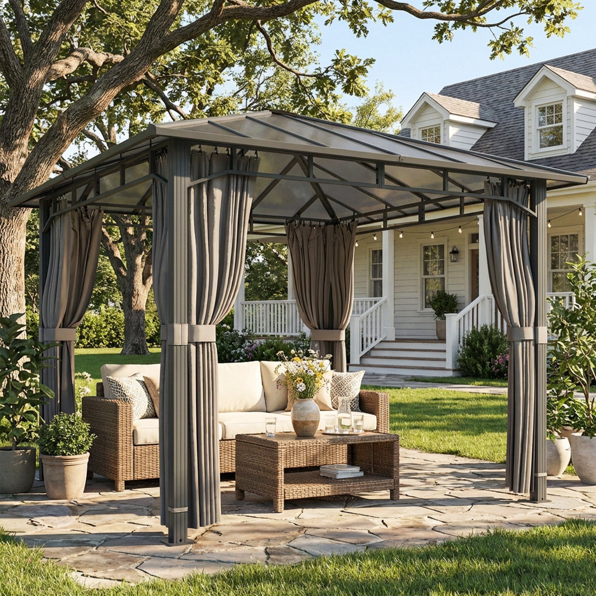 Outsunny Pavillon mit 6 mm Polycarbonat-Dach, 4 Seitenteile, mit 4 Seitenteilen, (Gartenpavillon, Pergola), Dunkelgrau