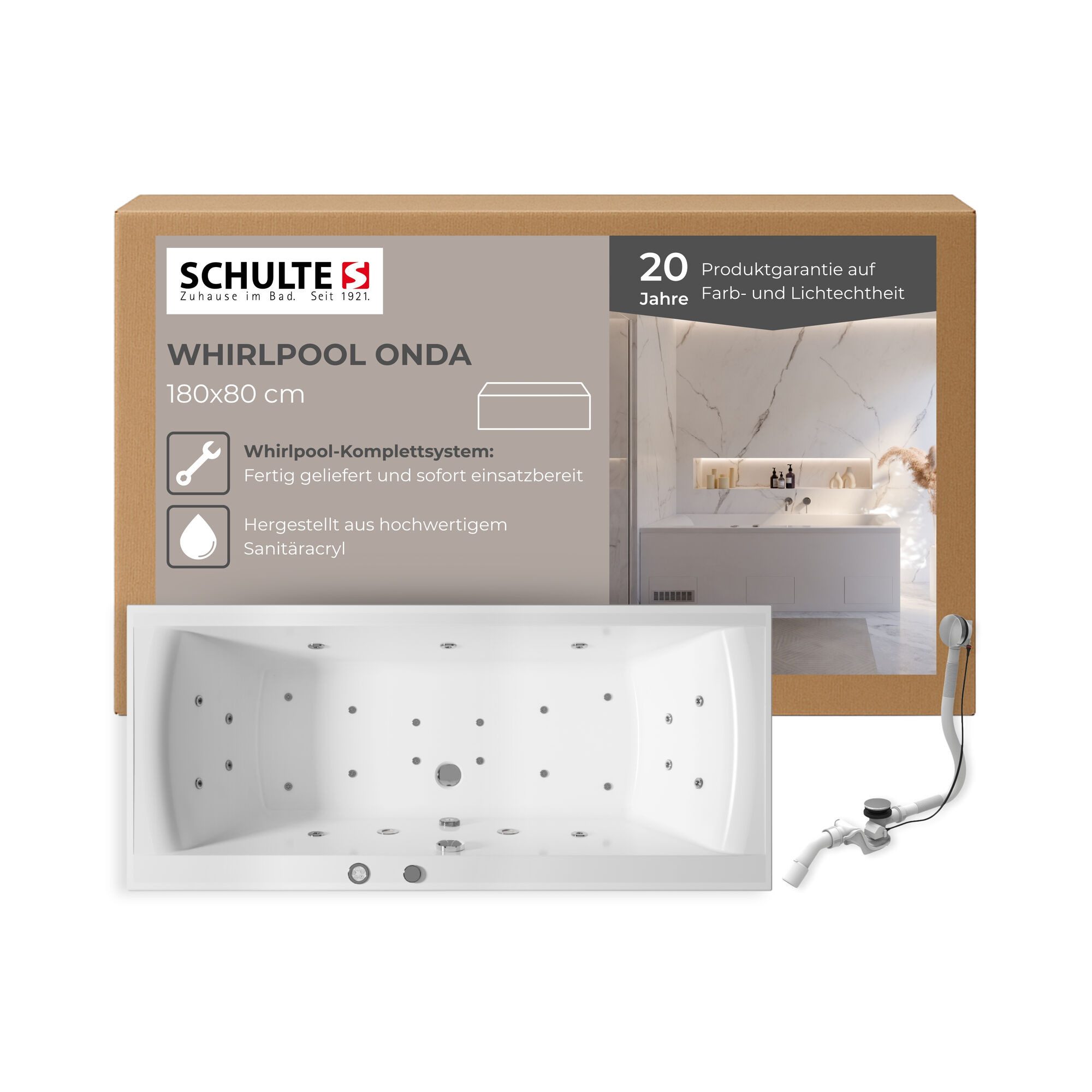 Schulte Whirlpool-Badewanne Onda, Sanitäracryl, Weiß, Größenauswahl, (Komplettsystem), Hydro-Jet Massage- und Luftsystem