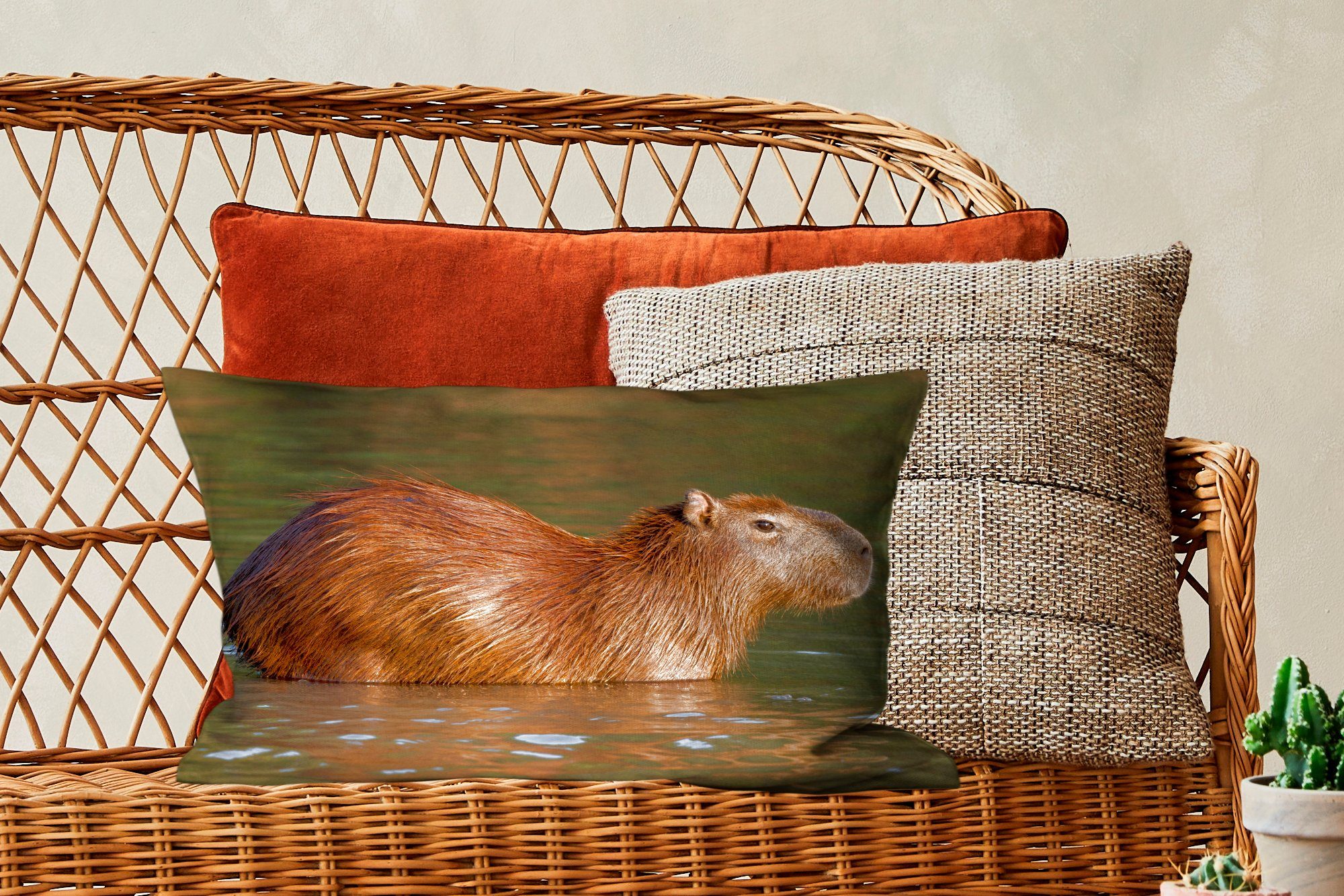 Dekoration, Zierkissen, Ein Füllung, Schlafzimmer im MuchoWow Wasser, Capybara steht Dekokissen Wohzimmer mit Dekokissen