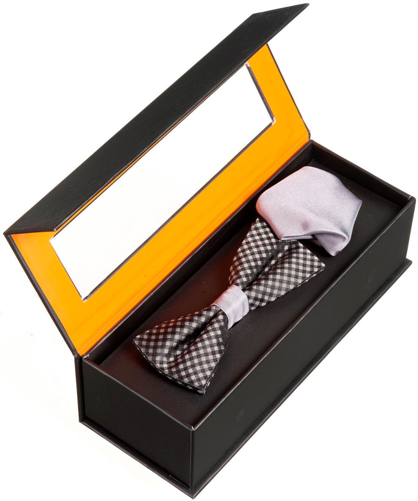 MONTI Fliege SCIPIO Fliege grey passendem Karo-Muster, 2-St) (Set, im farblich Uni-Einstecktuch mit