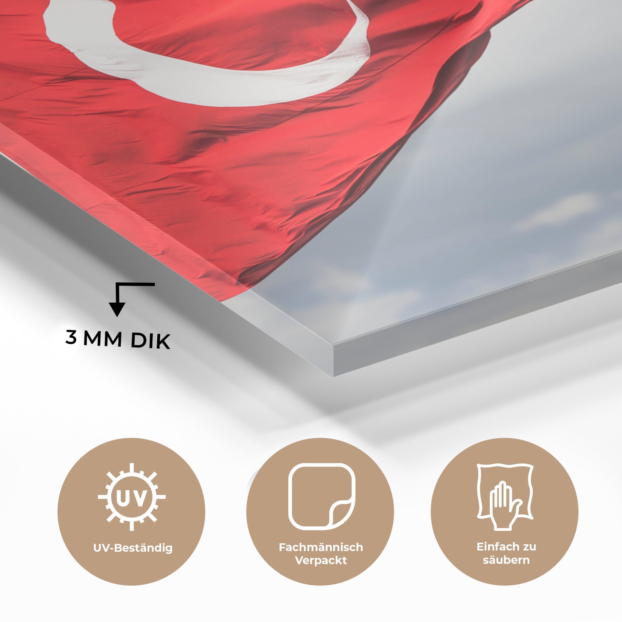 türkische Glas Glasbilder Wanddekoration Wandbild auf MuchoWow Acrylglasbild Glas im - Foto (1 Flagge Wind, Eine auf St), - - Bilder