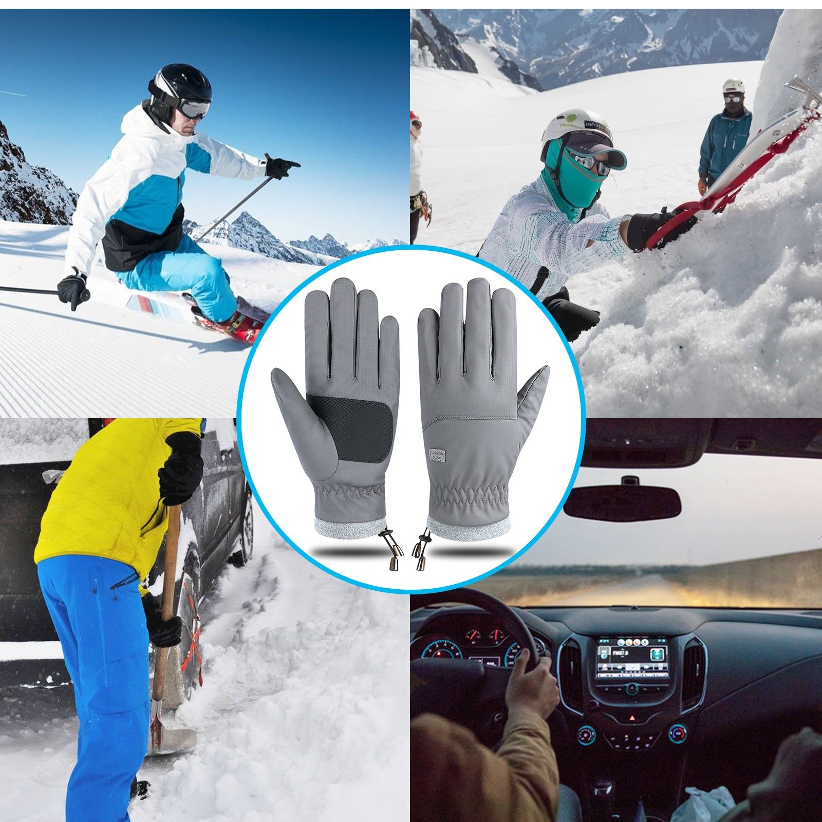 Rosnek Skihandschuhe Touchscreen, wasserdicht, Winter Männer Grau Radfahren Ski für Sport Outdoor Herbst winddicht, Frauen Schnee