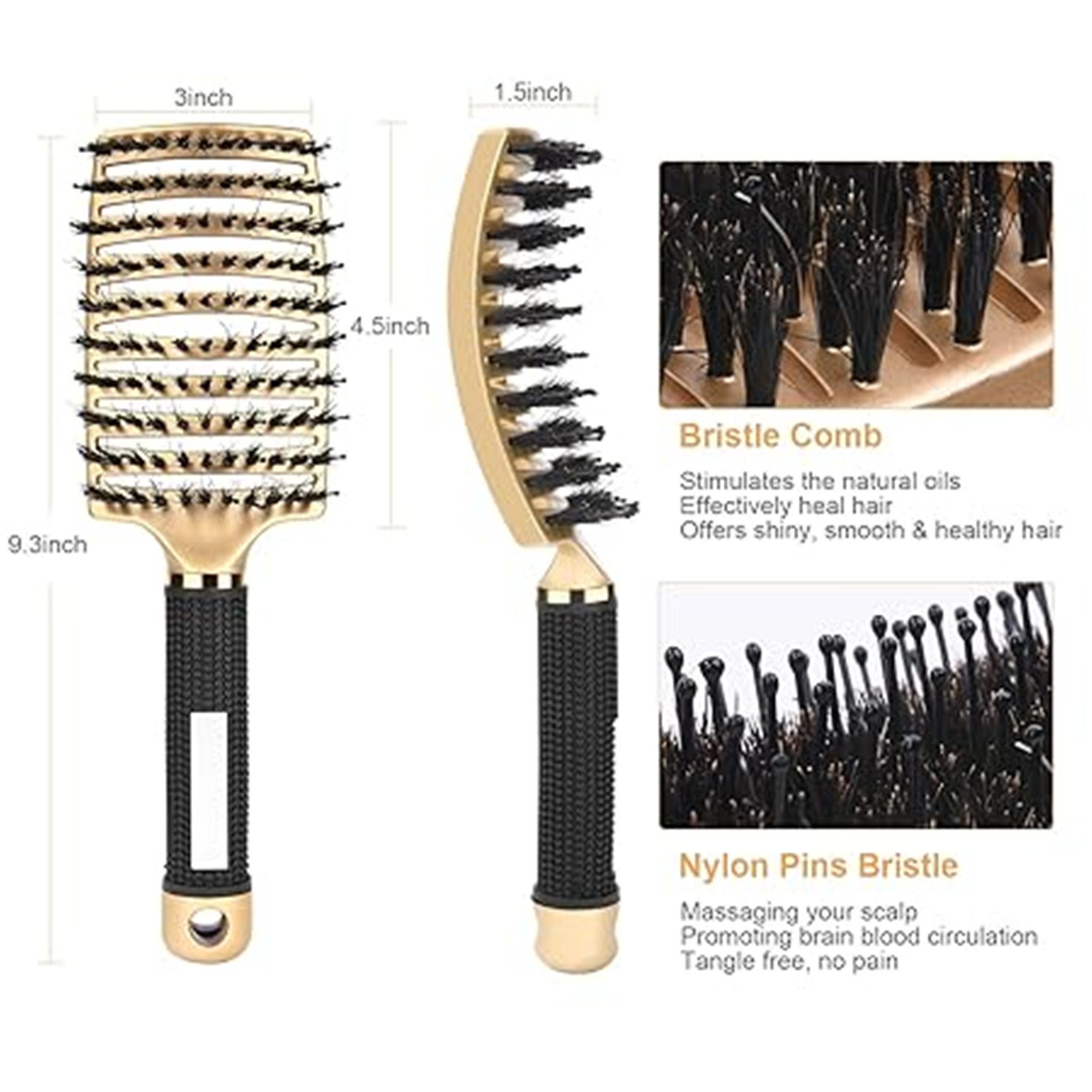 Forrlite Haarbürste Haarbürste, Profi Entwirrungsbürste mit Griff, Haarbürste ohne Ziepen, Wildschweinborsten Haarstyling Bürste für Locken Lange Feine Dicke Lockige Haare (Gold)
