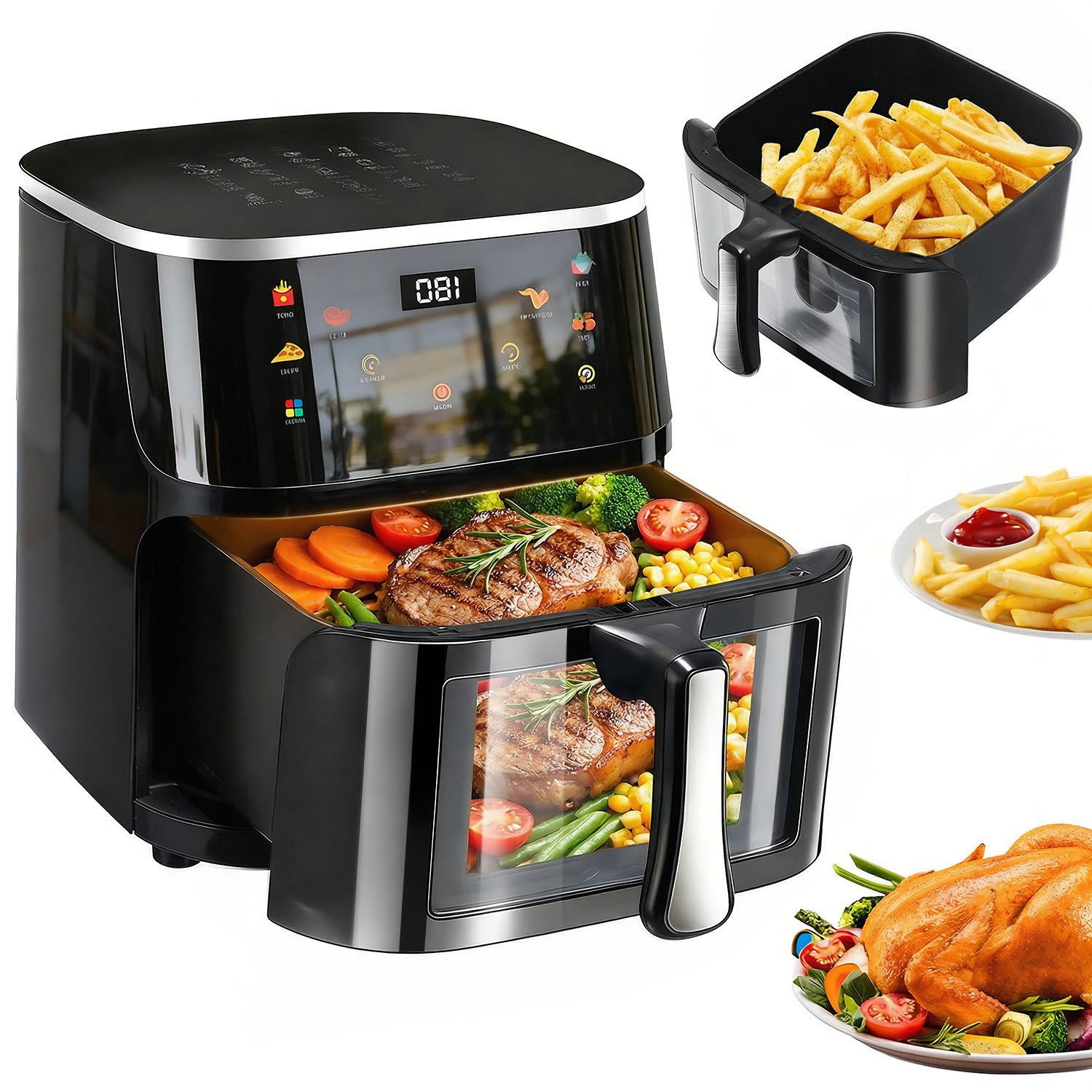 oyajia Heißluftfritteuse XXL Airfryer 10L mit LED-Farbdisplay & Sichtfenster