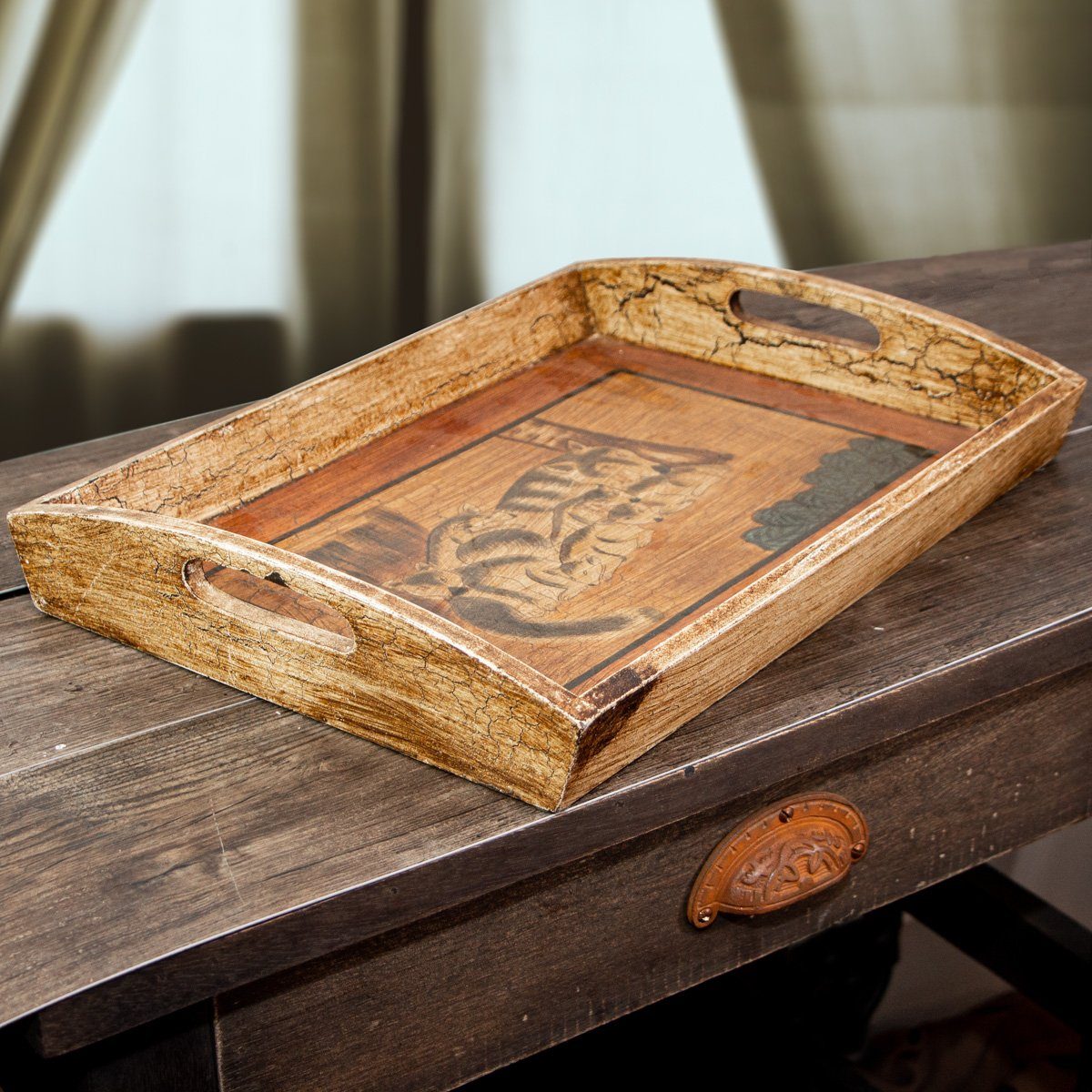Antikas Dekotablett Tablett mit Wolfmotiv, Groß, Serviertablett Landhausstil