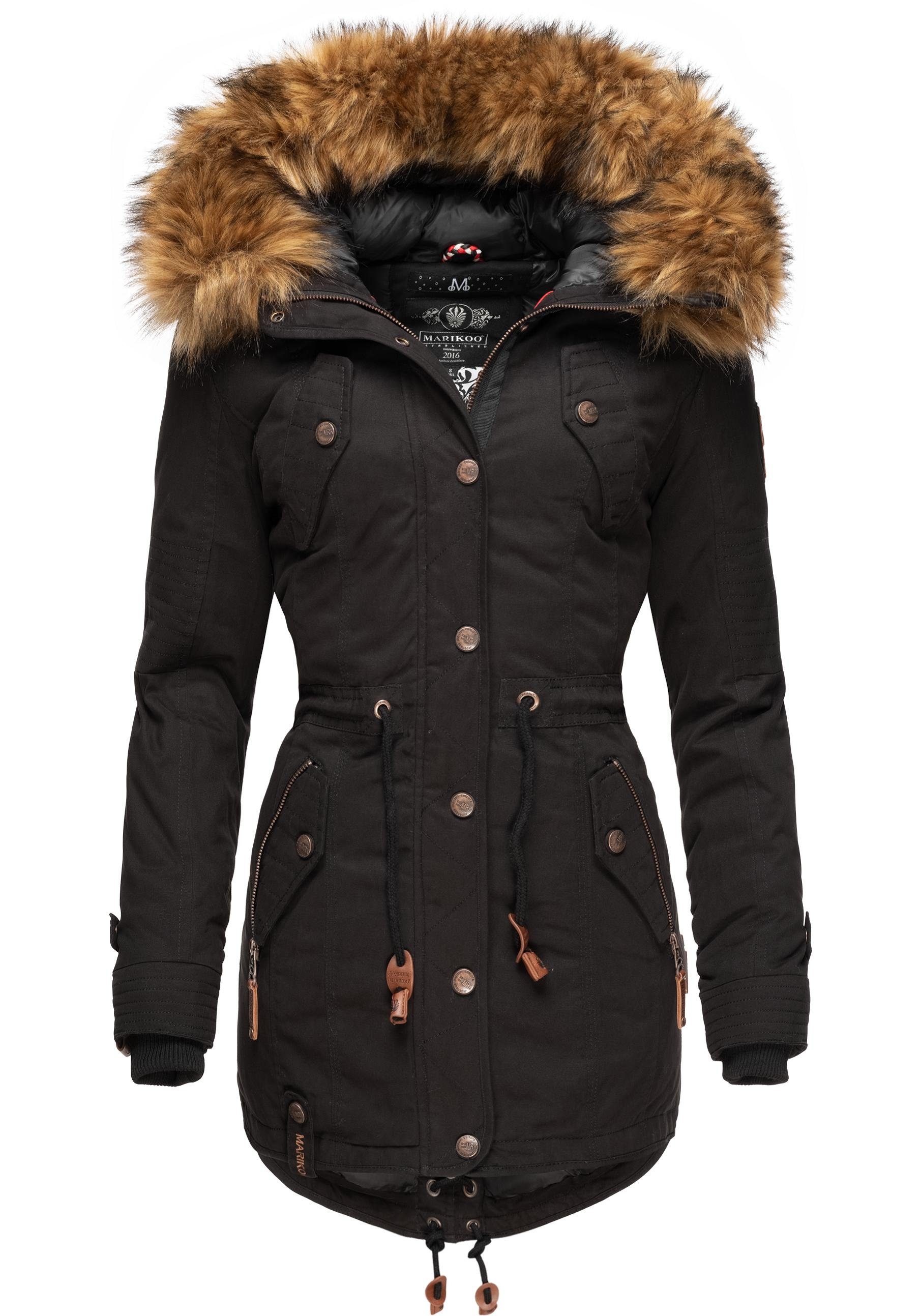 abnehmbarem Marikoo Viva Wintermantel stylischer Winterparka schwarz mit La Kunstfell Prc