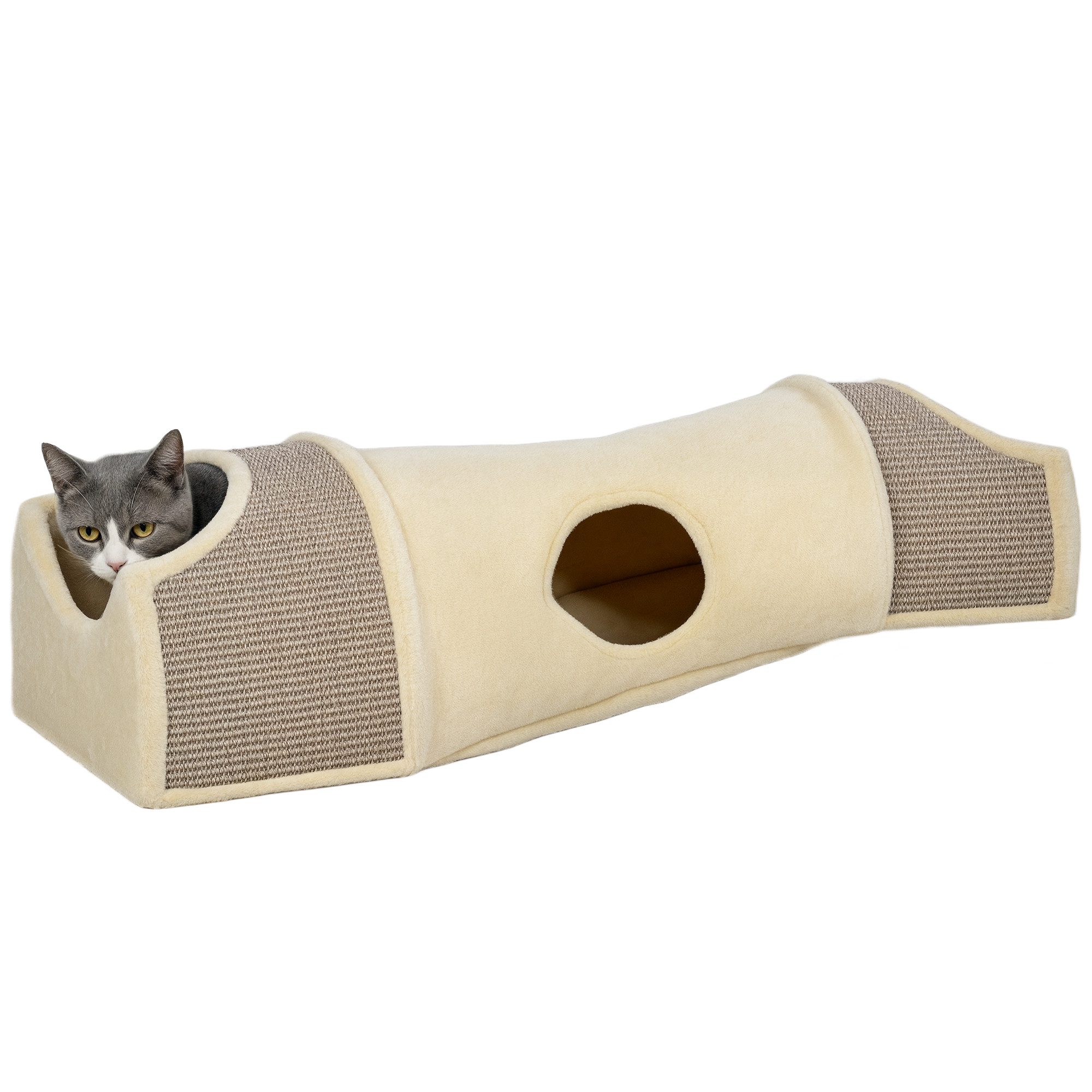 marmortrend Sehnsucht nach Einzigartigkeit Tierhöhle Katzentunnel mit 3 Öffnungen, plüschig, Sisal-Kratzseil, 107x38x29 cm, Tierrascheldecke Tierbett für Katzen & kleine Hunde