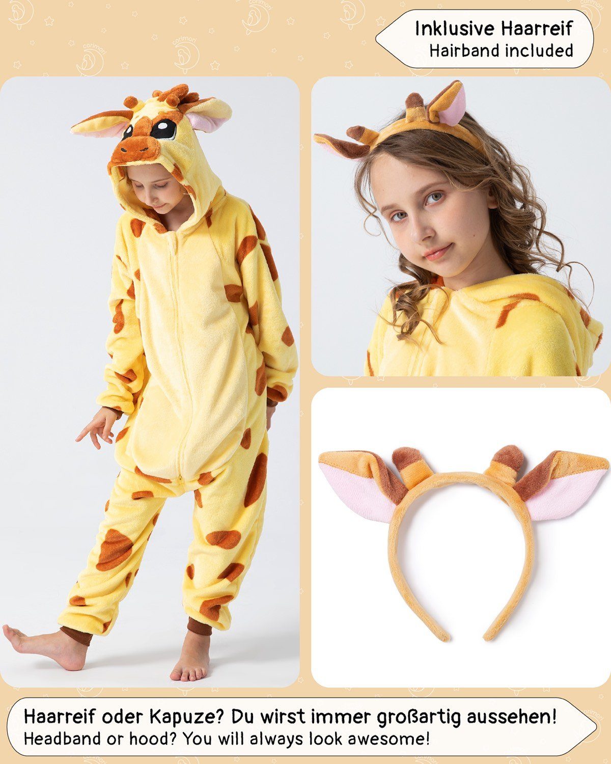 Corimori Jumpsuit kuscheliges für Jungen, Mädchen, Tierkostüme Giraffe, Jugendliche, Onesie Fasching, Kinder Karneval, Kostüm (2-tlg)