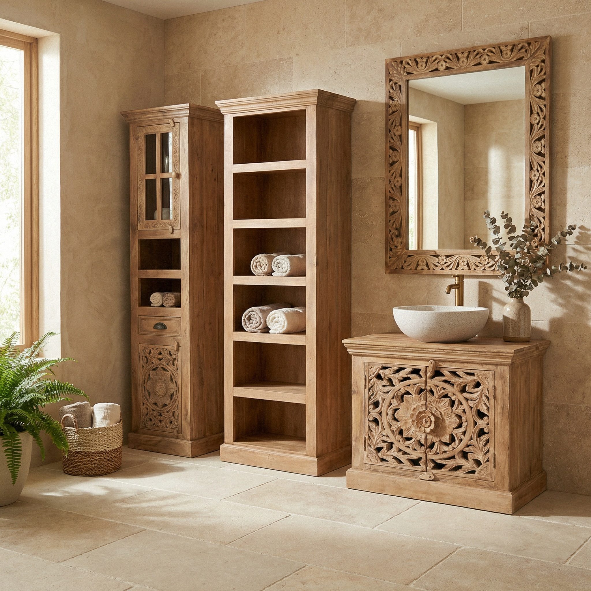 Marrakesch Orient & Mediterran Interior Wandspiegel Wandspiegel Kirpal mit orientalischem Design, aus Holz, in Natur 79 cm (1-St), Handarbeit – Bild 4 von 5