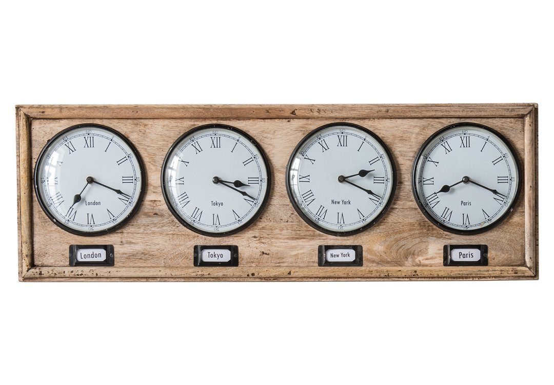 More2Home Wanduhr WELTZEIT mit 4 Zeitzonen, recyeltes Mangoholz