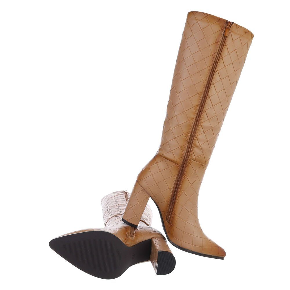 Stiefel Damen High-Heel-Stiefel High-Heel Blockabsatz Ital-Design Hellbraun Elegant in