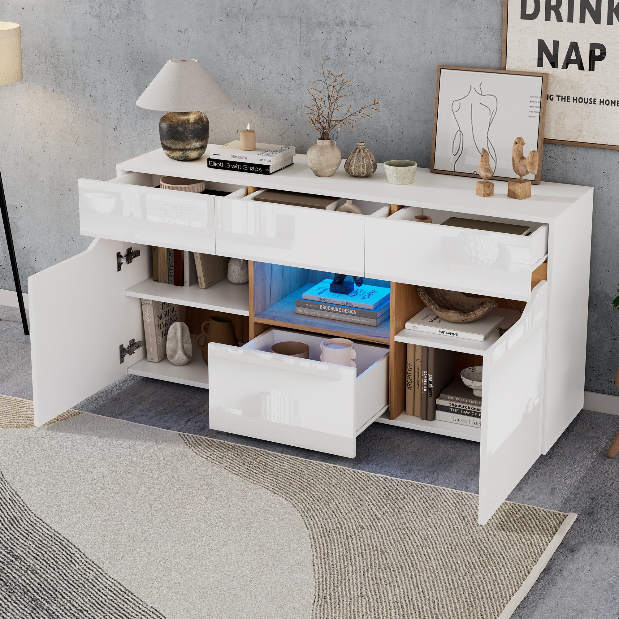 Merax Sideboard hochglanz Anrichte mit LED, Buffetschrank in Weiß & Holzopt günstig online kaufen