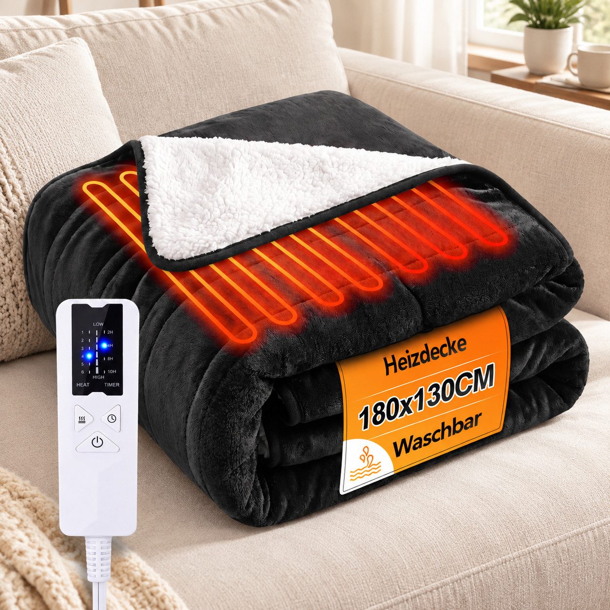 Nettlife Heizdecke Elektrisch mit 6 Heizstufen & Timer,Waschbare,Schwarz, für Bett, Sofa & Camping( 200x180 cm/180x130cm) , mit Überhitzungsschutz,Einfache Reinigung