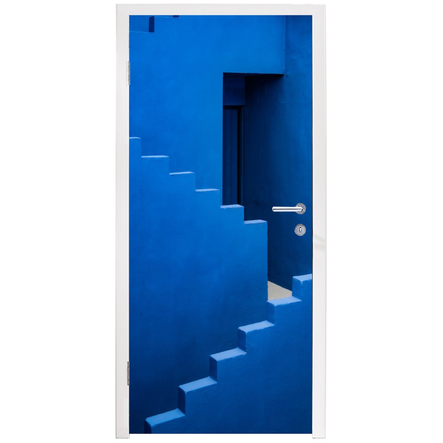 für Blau Treppe cm 75x205 - St), - Tür, Matt, MuchoWow bedruckt, - Türtapete Architektur Türaufkleber, Gebäude, Fototapete (1