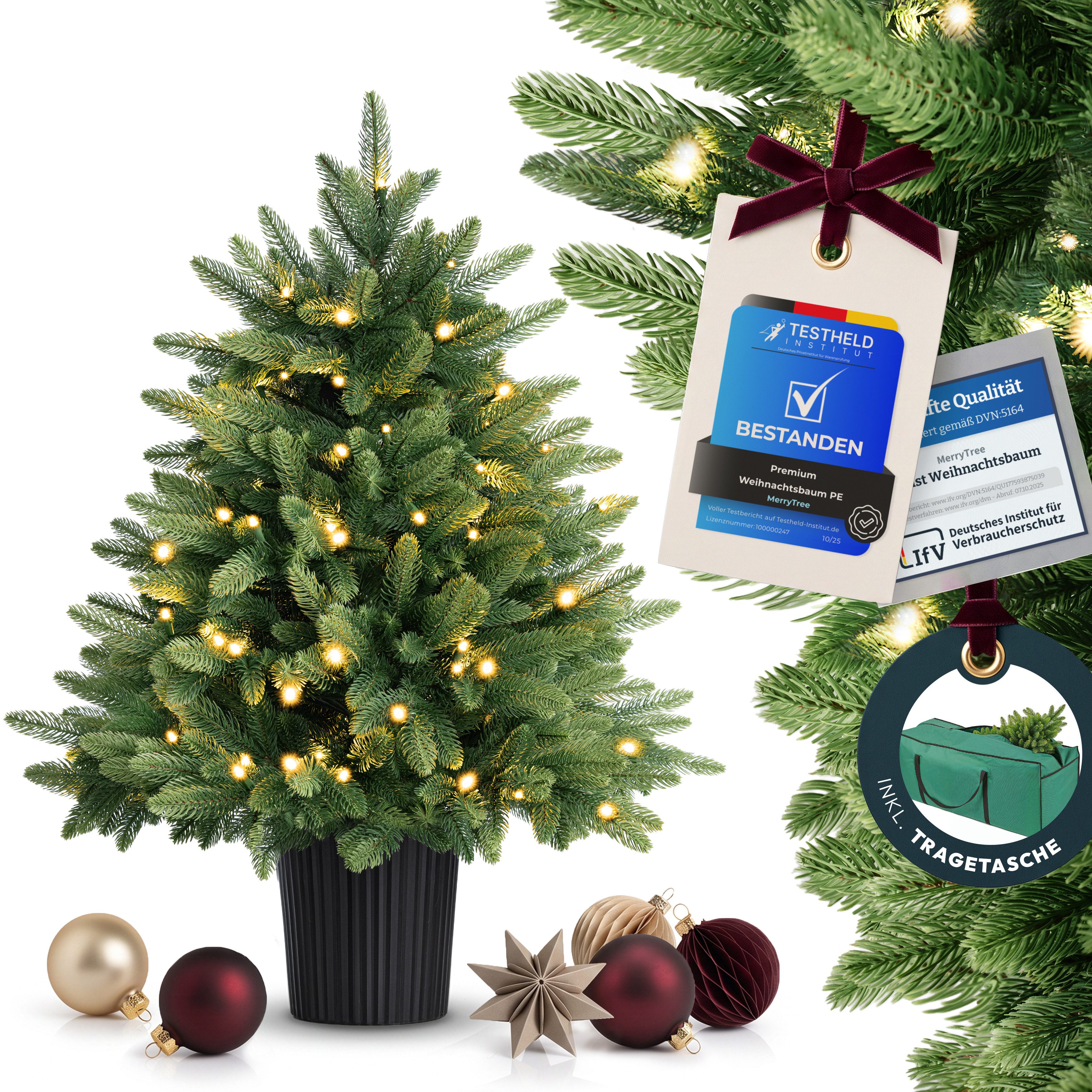 MERRY TREE Künstlicher Weihnachtsbaum Luxus Kunst-Tannenbaum, 100 % PE-Nadeln, Holzfuß, Nordmantanne, mit/ohne LED-Beleuchtung, Tannenbaum Spritzguss