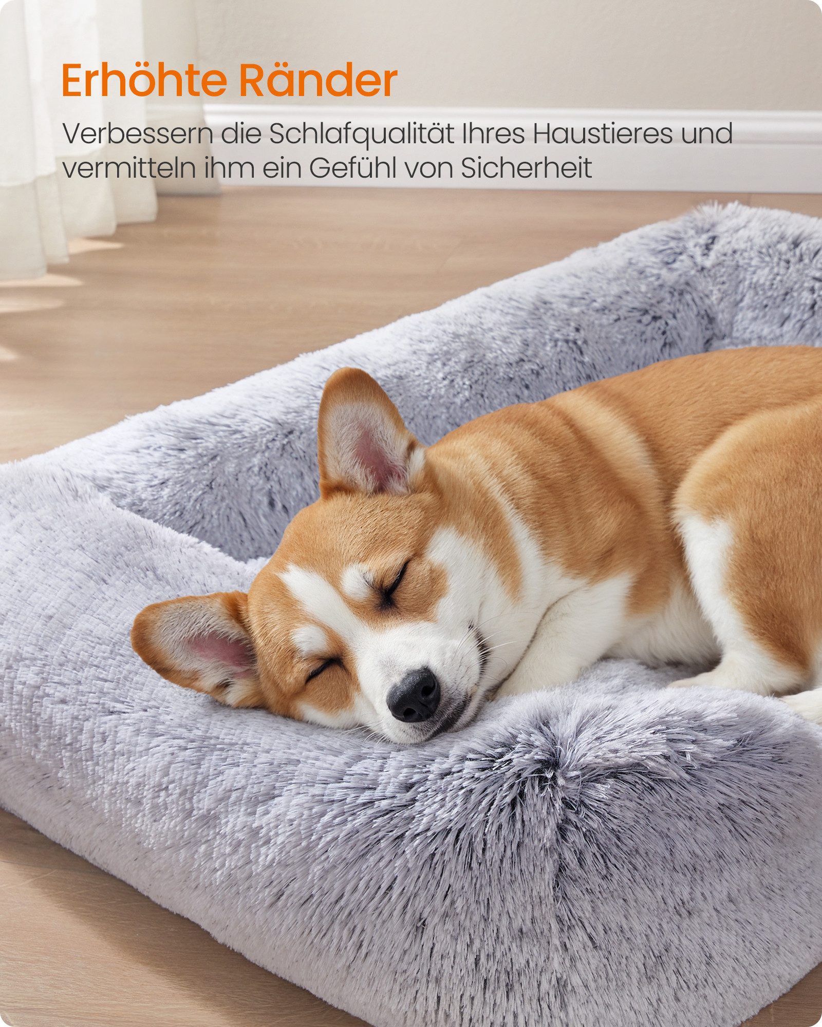 FEANDREA Tierbett Hundebett, Hundekissen, Hundekorb, Hundesofa, rutschfest, Ombré-Grau, weiche Polsterung, 91 x 68 x 18 cm, erhöhte Ränder, Bezug abnehmbar und maschinenwaschbar