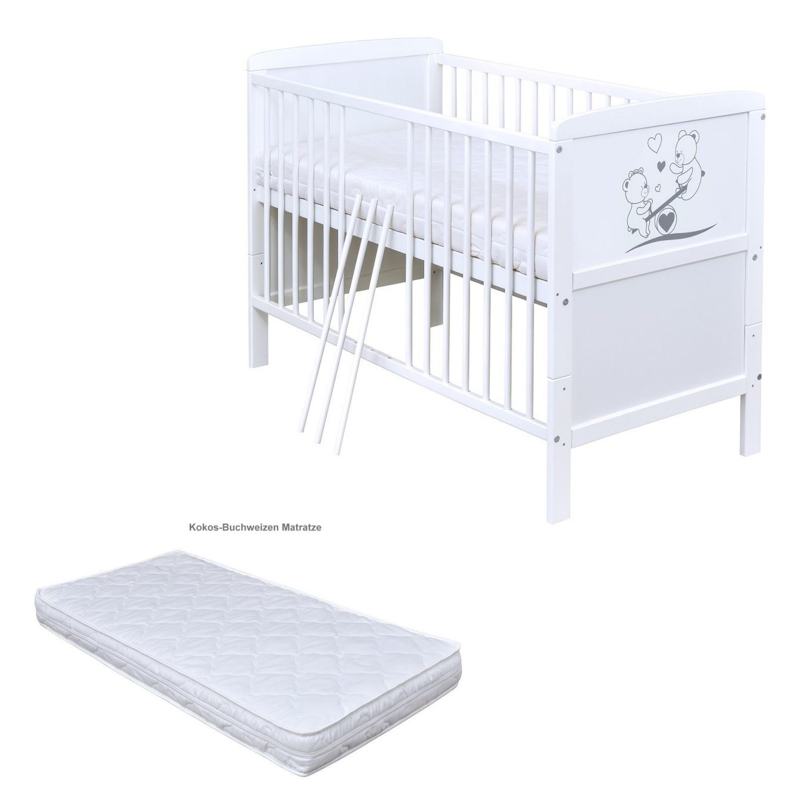 Baby-Delux Babybett Luna Teddy Wippe, Kinderbett Gitterbett 140x70 weiß mit Beißschienen Schublade, Matratze