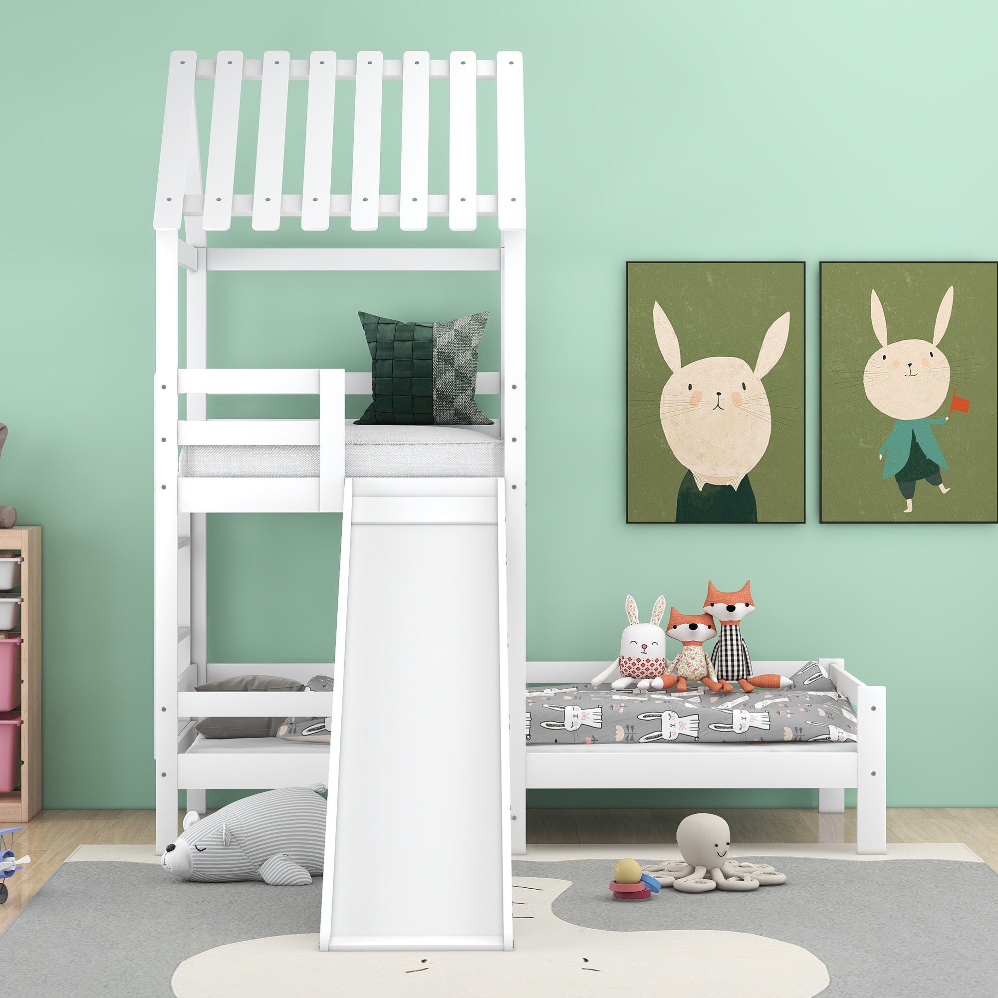 100x90cm, & Bett, WISHDOR Dach, mit rechtwinkliger Ohne Matratze Gitter, 200x90cm mit Spielturmbett), Rutschbett Hausbett Kinderbett mit Fallschutz und Leiter, (mit