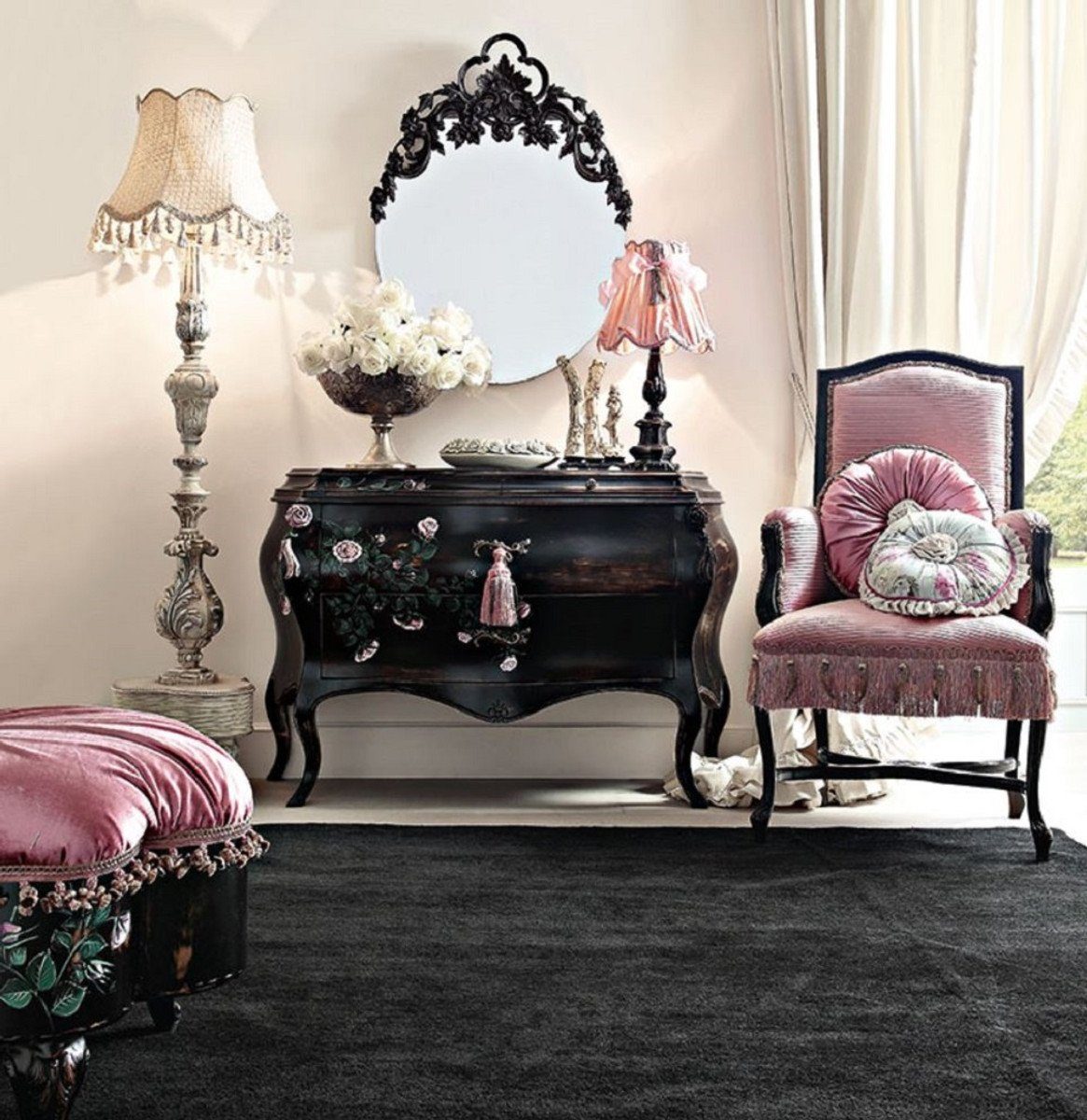 Casa Padrino Barockspiegel Luxus Hotel Barock Möbel Barock Rosa - - Möbel mit - Qualität Erstklassische / in Spiegelkommode Mehrfarbig Möbel Prunkvolle Schloß - Barock - Spiegel Schwarz Kommode Italy - / Made