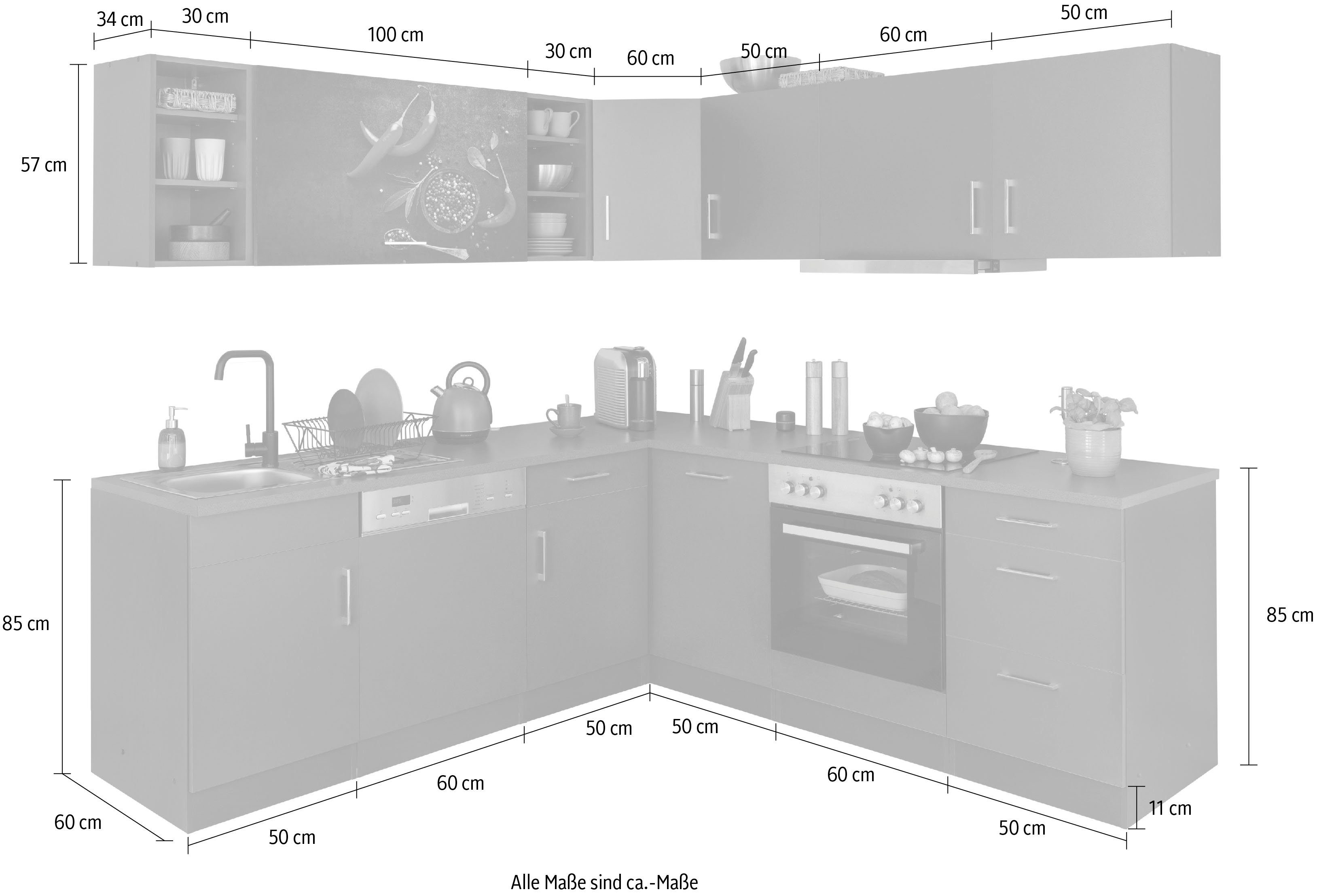 KOCHSTATION Küchenzeile KS-Paris – Küchen mit einzigartigen Fotomotiven auf den Fronten, Stellbreite 220/220 cm, wahlweise mit E-Geräten, mit Motivdruck
