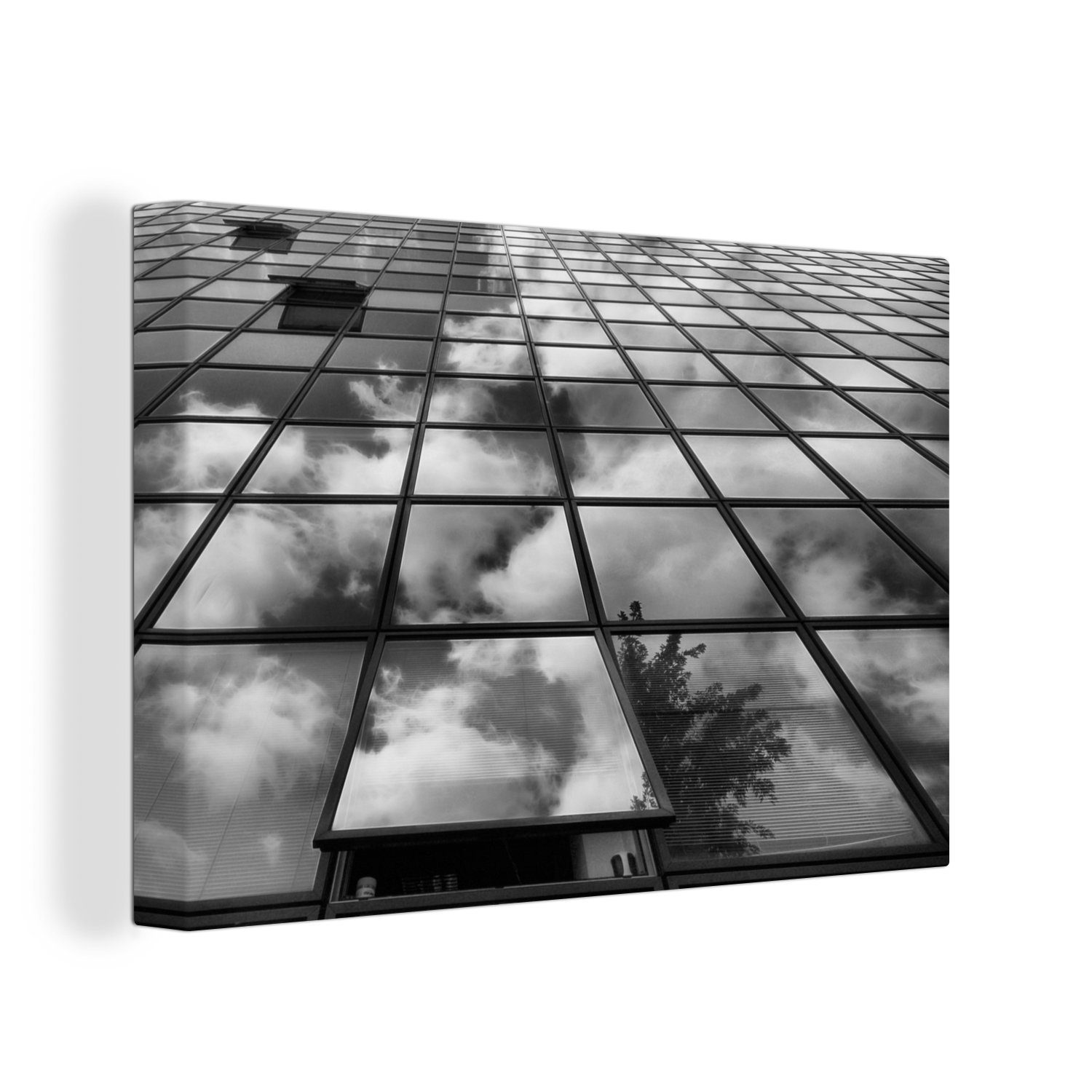 OneMillionCanvasses® Leinwandbild Eine Fenstermatrix eines modernen Büros in schwarz-weiß, (1 St), Wandbild Leinwandbilder, Aufhängefertig, Wanddeko, 30x20 cm