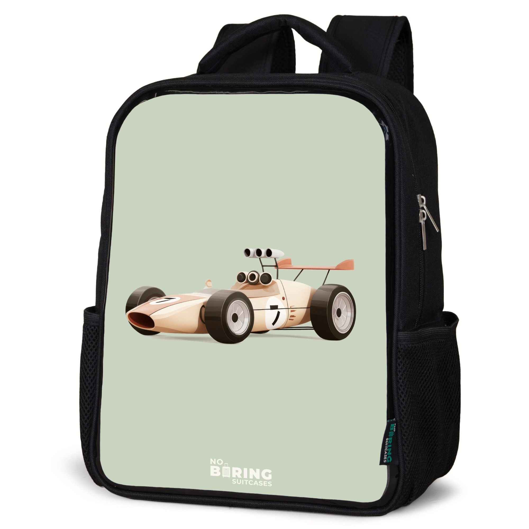 NoBoringSuitcases.com© Rucksack Beige Retro-Rennwagen auf grünem Hintergrund, Kinderrucksack Schwarz, Schulrucksack, Freizeitrucksack Jungen Mädchen
