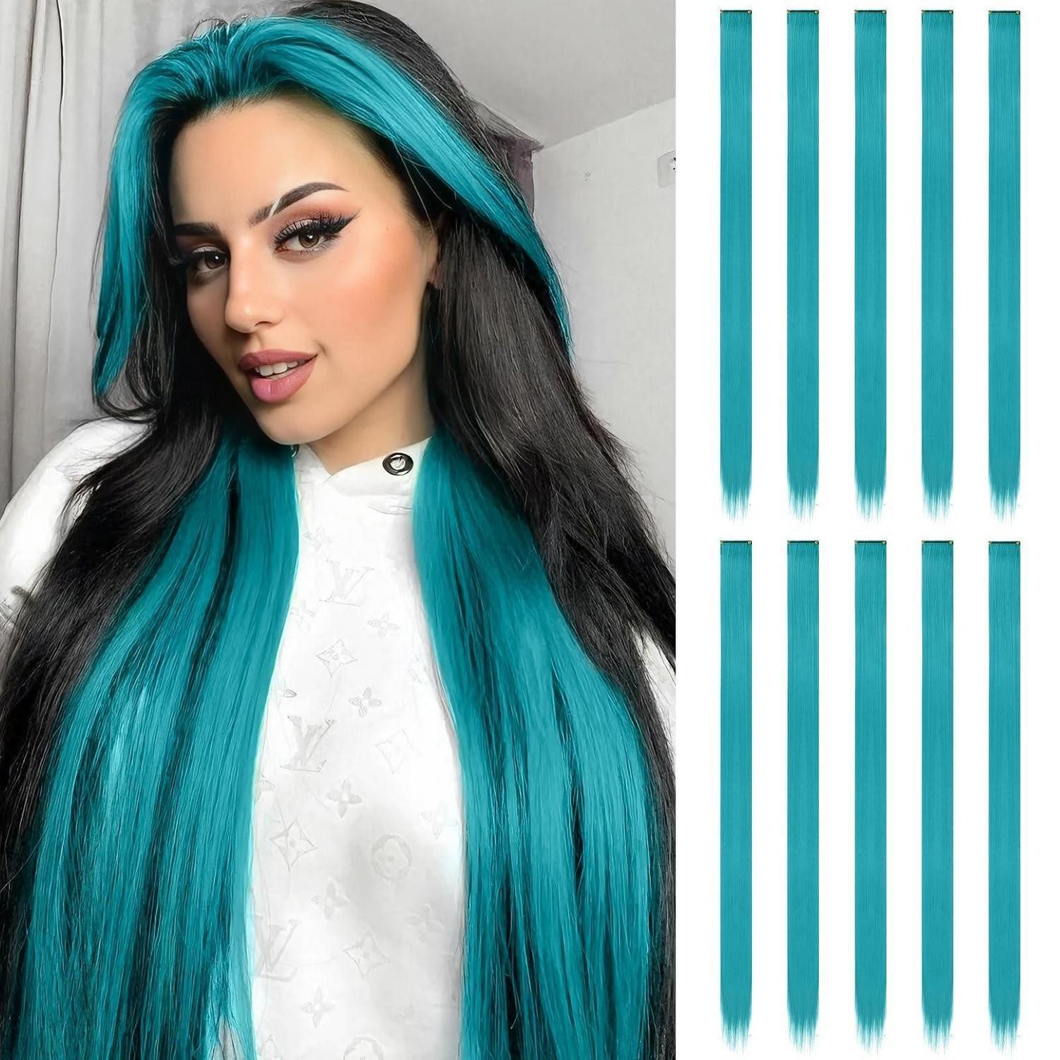 LuxusKollektion Kunsthaar-Extension Haarteil Clipin Haarverlängerung 55cm Farbige Blaugrün 10 PCS