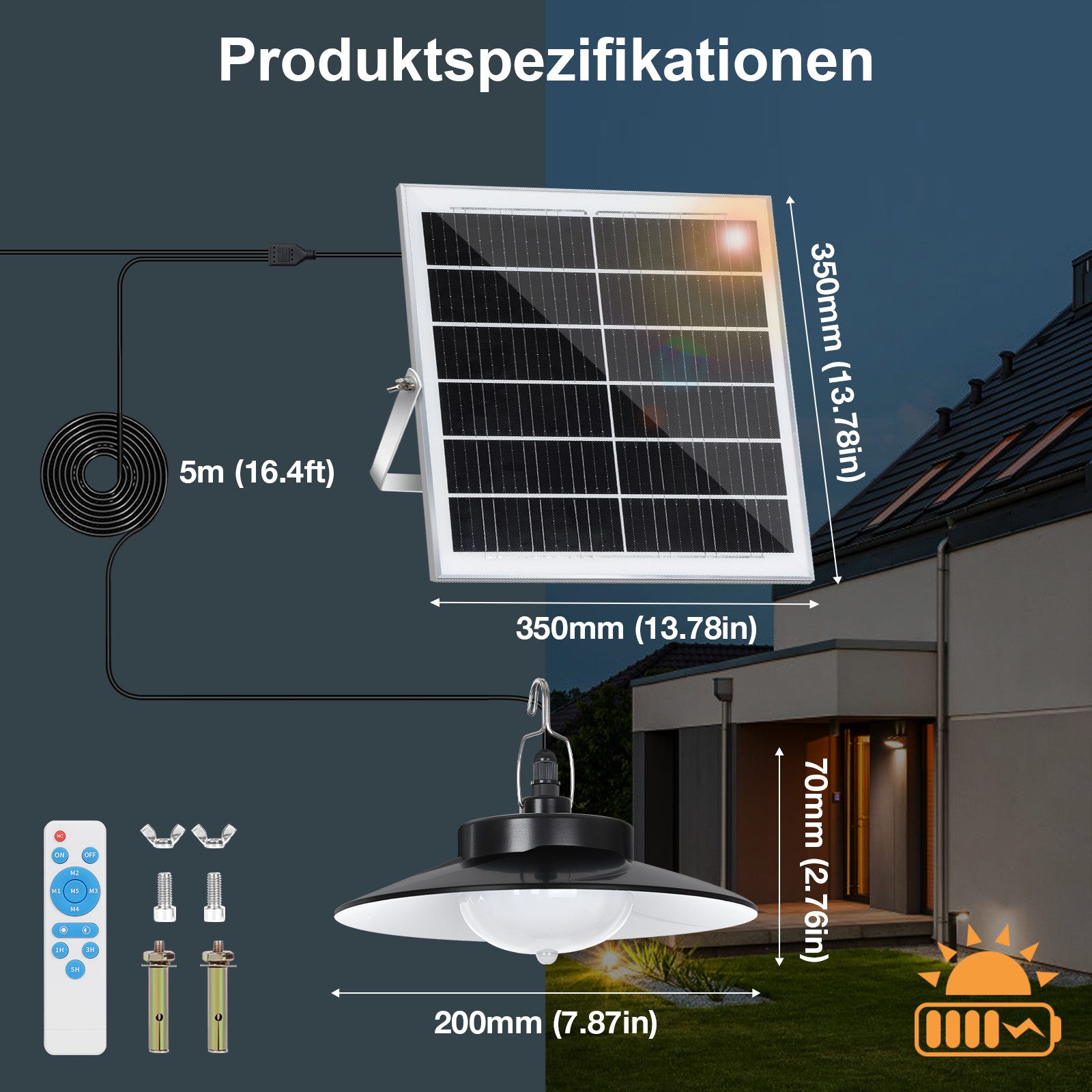 Lapamax LED Solarleuchte für Außen Hängend mit Fernbedienung, Wasserdichte IP65, Bewegungsmelder mit Fernbedienung, weiß, Dimmbare&Zeitgesteuerte, 5m Kabel für  – Bild 2 von 5