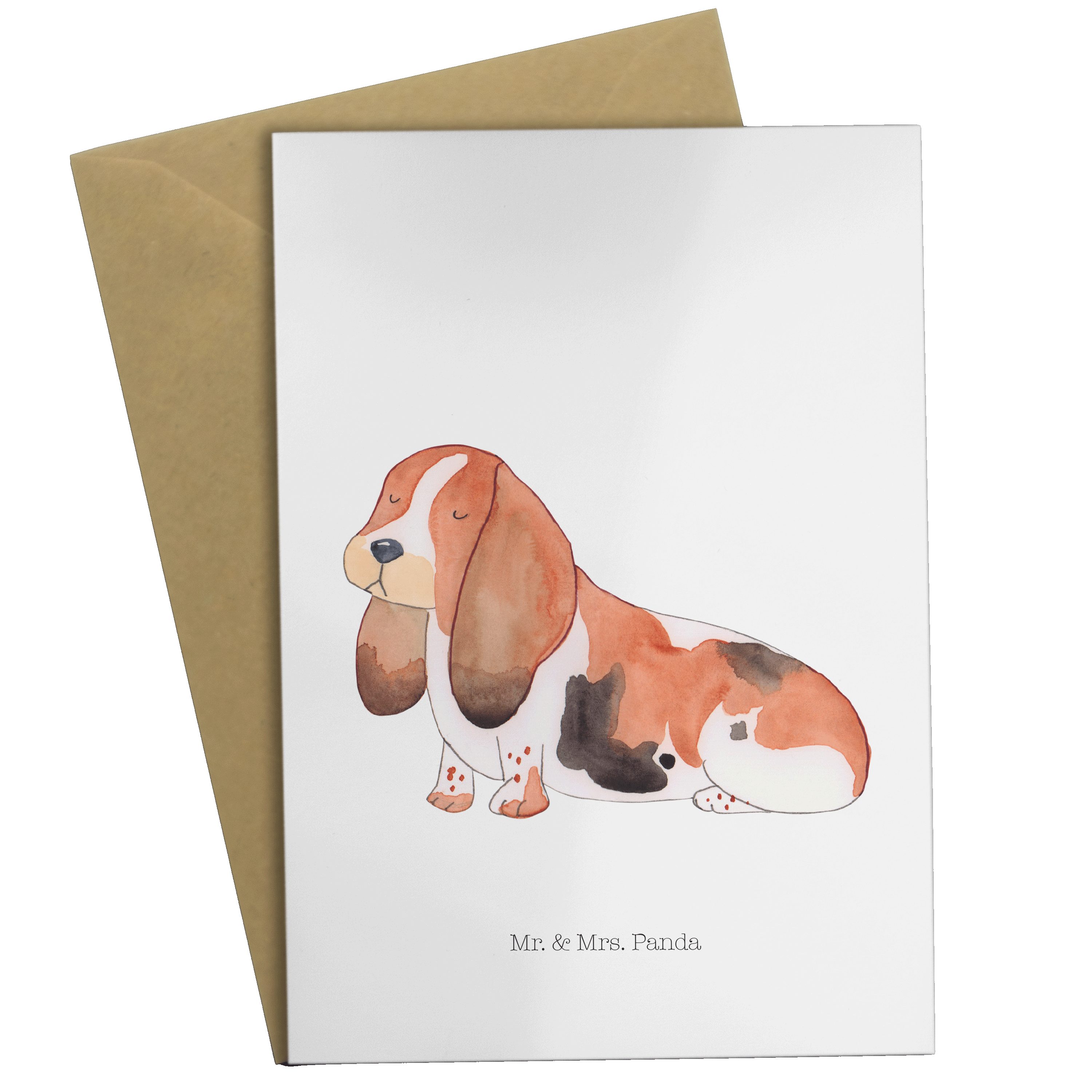 Mr. & Mrs. Panda Grußkarte Hund Basset Hound - Weiß - Geschenk, Karte, kinderlos, geschecktes Fe