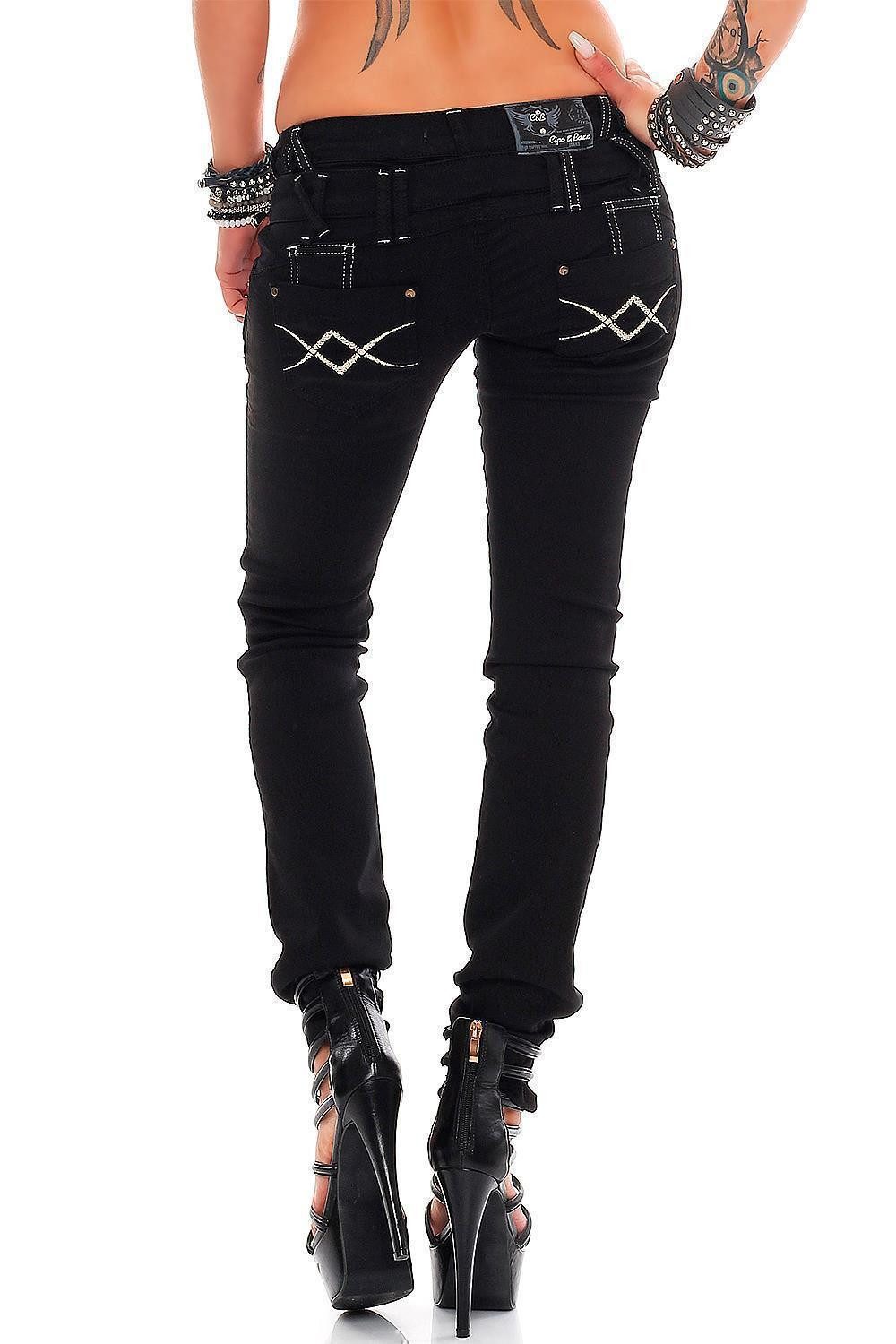 Cipo & Baxx Slim-fit-Jeans Damen Slim Fit Hose Denim BA-WD228 mit Zippern und Tribal Effekten