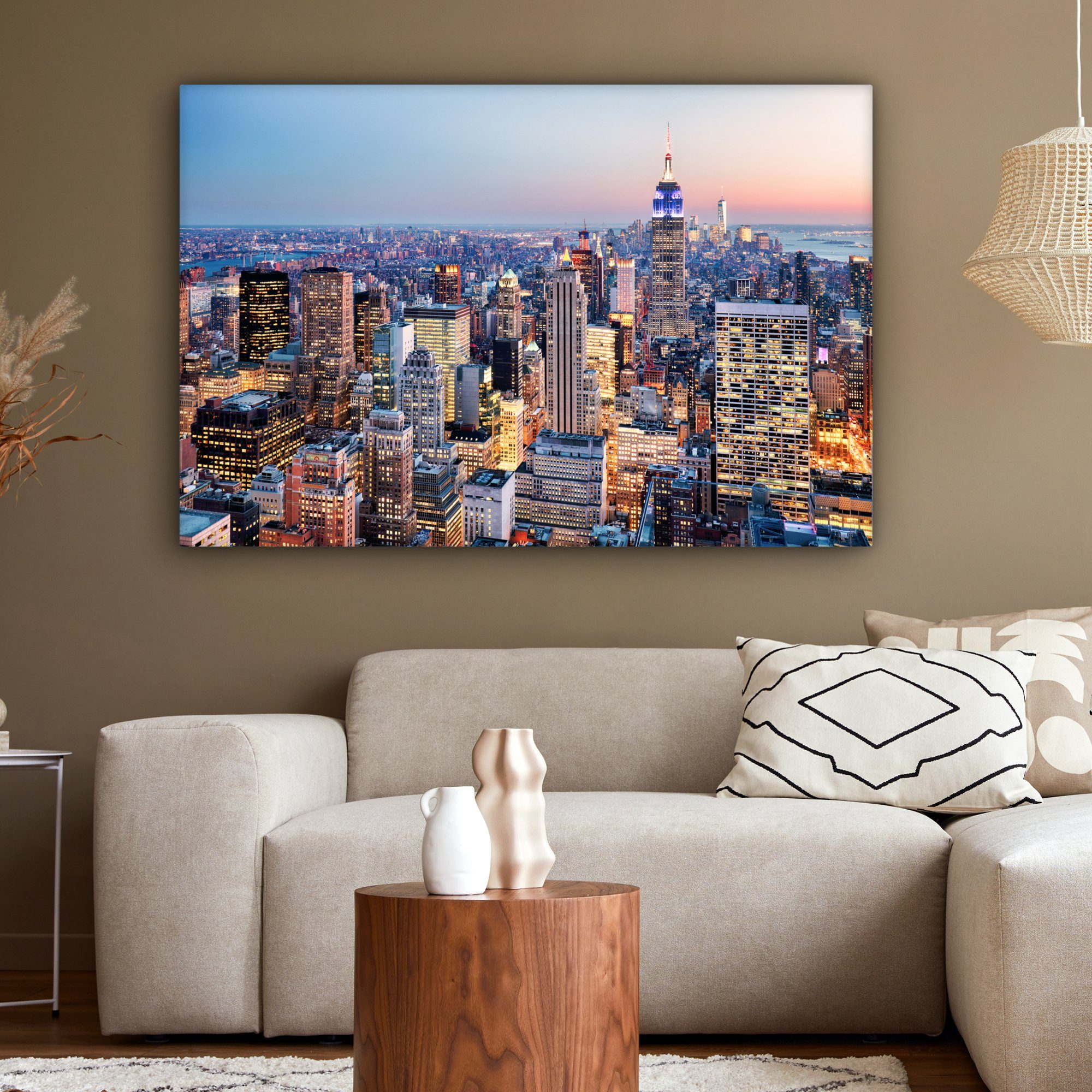 für großes, Gemälde, - OneMillionCanvasses® New XXL, alle St), Leinwandbild Wandbild - cm 120x80 Skyline York Nacht, (1 Wohnbereiche,
