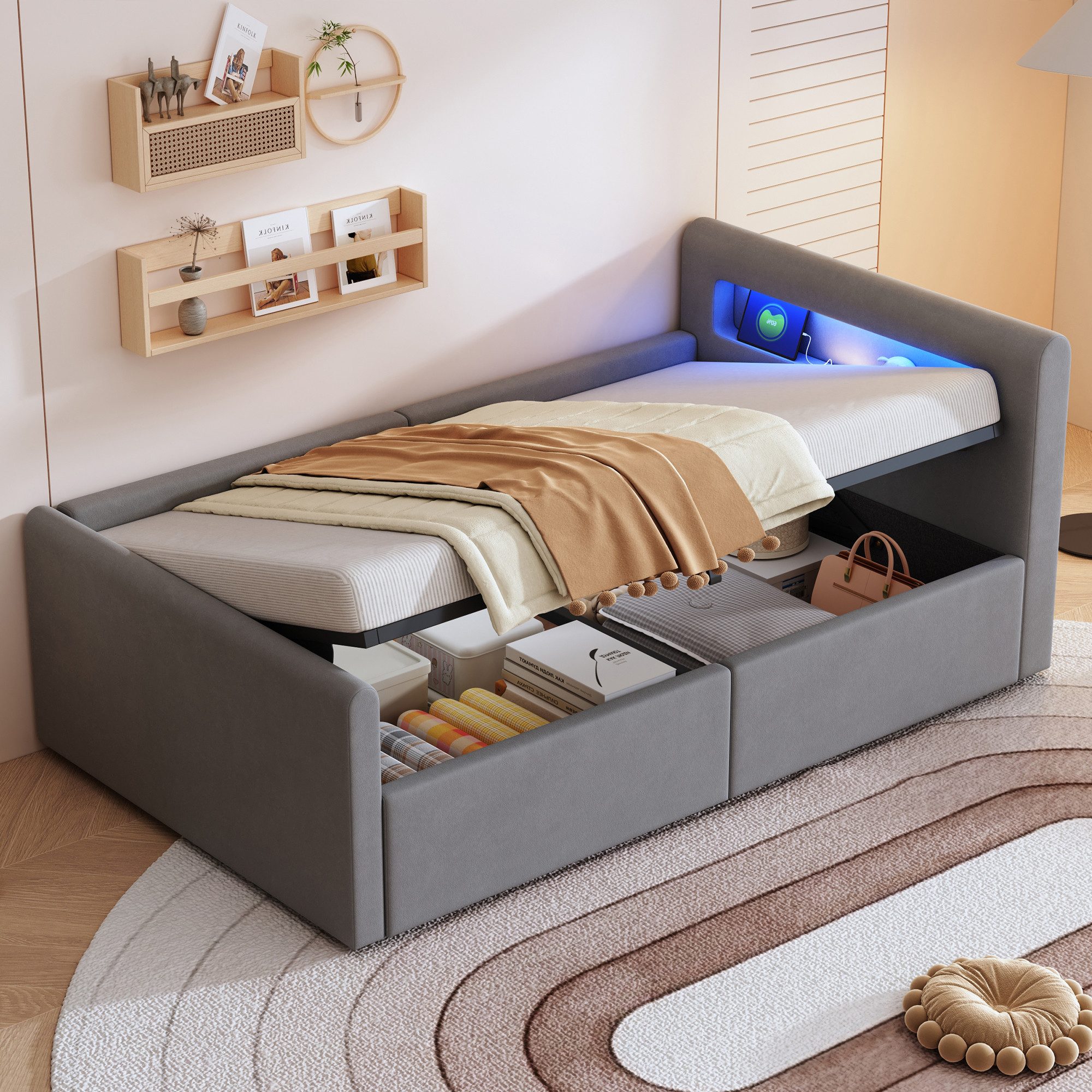 OKWISH Polsterbett Kinderbett Stauraumbett (mit LED-Licht und USB-Ladeansch günstig online kaufen